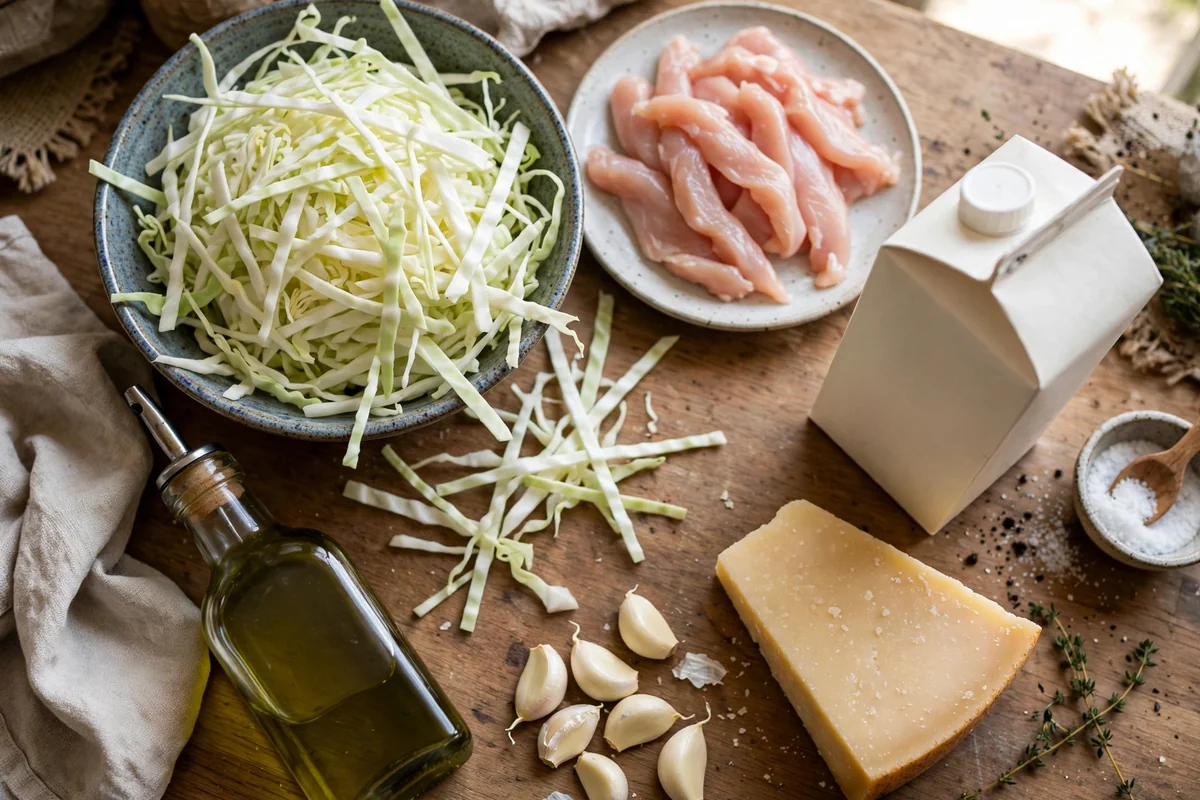 Ingredients for cabbage alfredo bake: sliced cabbage, chicken strips, heavy cream, parmesan, and garlic on a kitchen counter