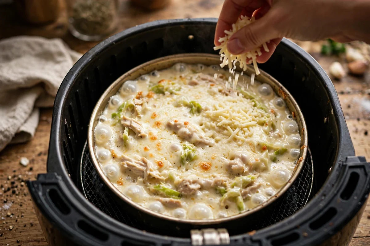 Cabbage alfredo bake in an air fryer pan, cheese top bubbling and golden