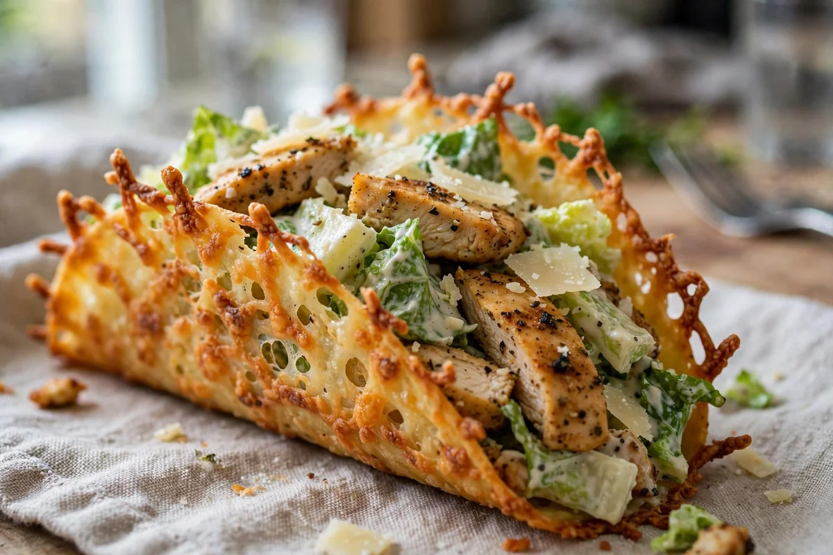 Close-up of a crispy cheese-shell taco filled with creamy Caesar-dressed romaine and seasoned chicken, topped with shaved Parmesan