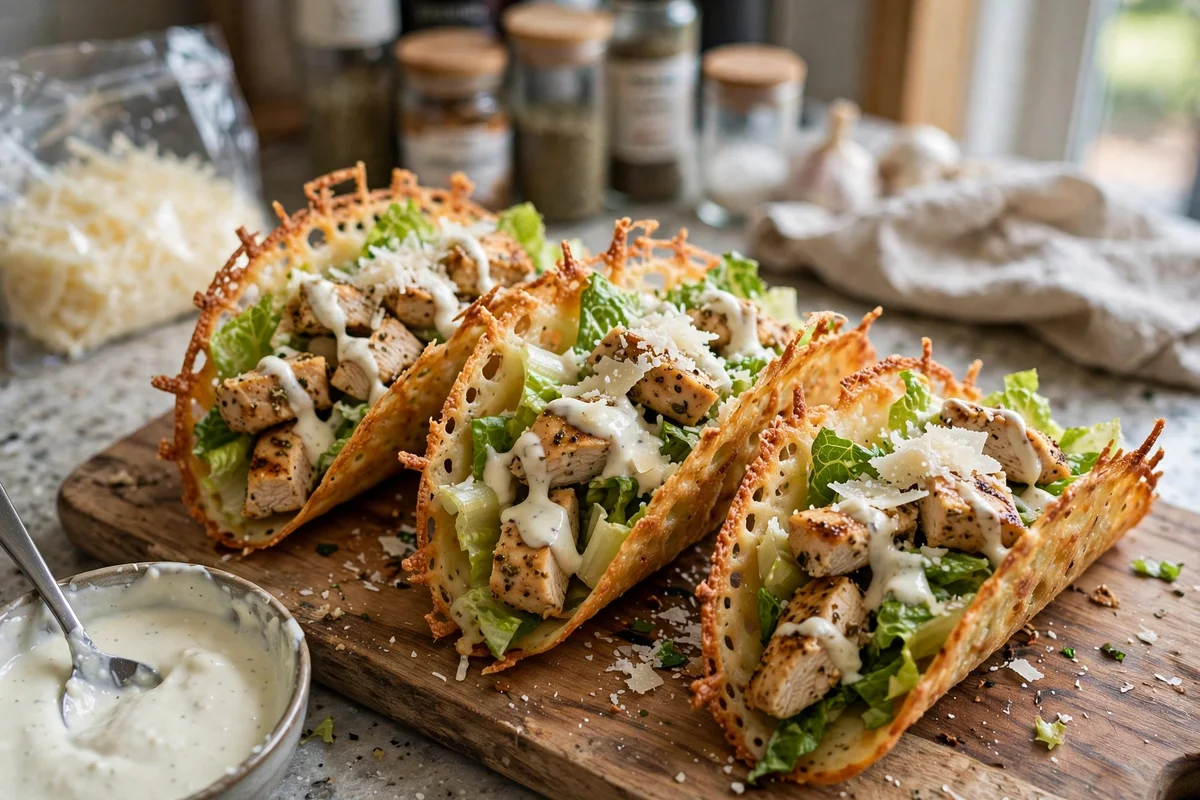 Crispy cheese-shell chicken Caesar tacos filled with chopped romaine, seasoned chicken and creamy Caesar dressing