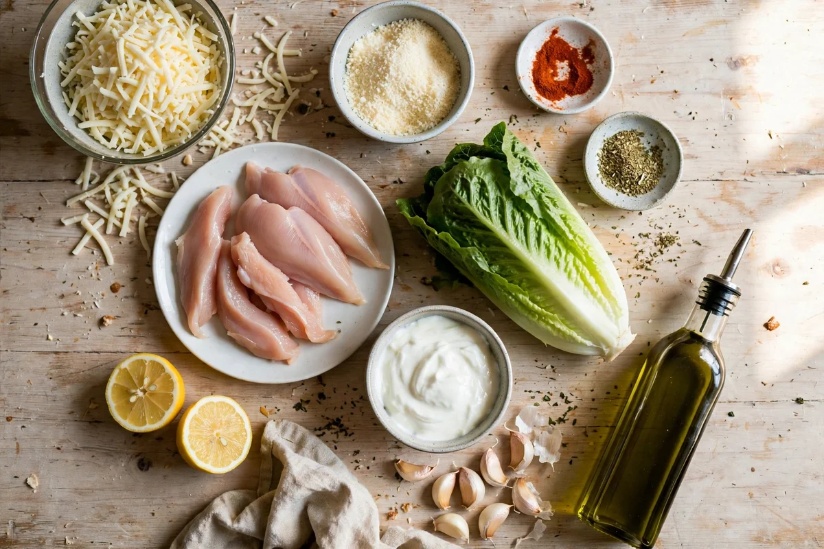 Ingredients for cheesy chicken Caesar tacos laid out: mozzarella, Parmesan, chicken breast, romaine, Greek yogurt, lemon and spices