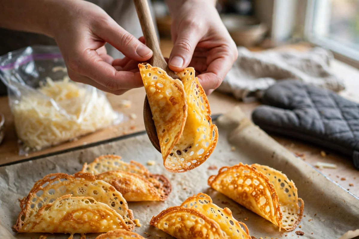 Hands folding a warm baked cheese round over a wooden spoon to shape a crispy cheese taco shell