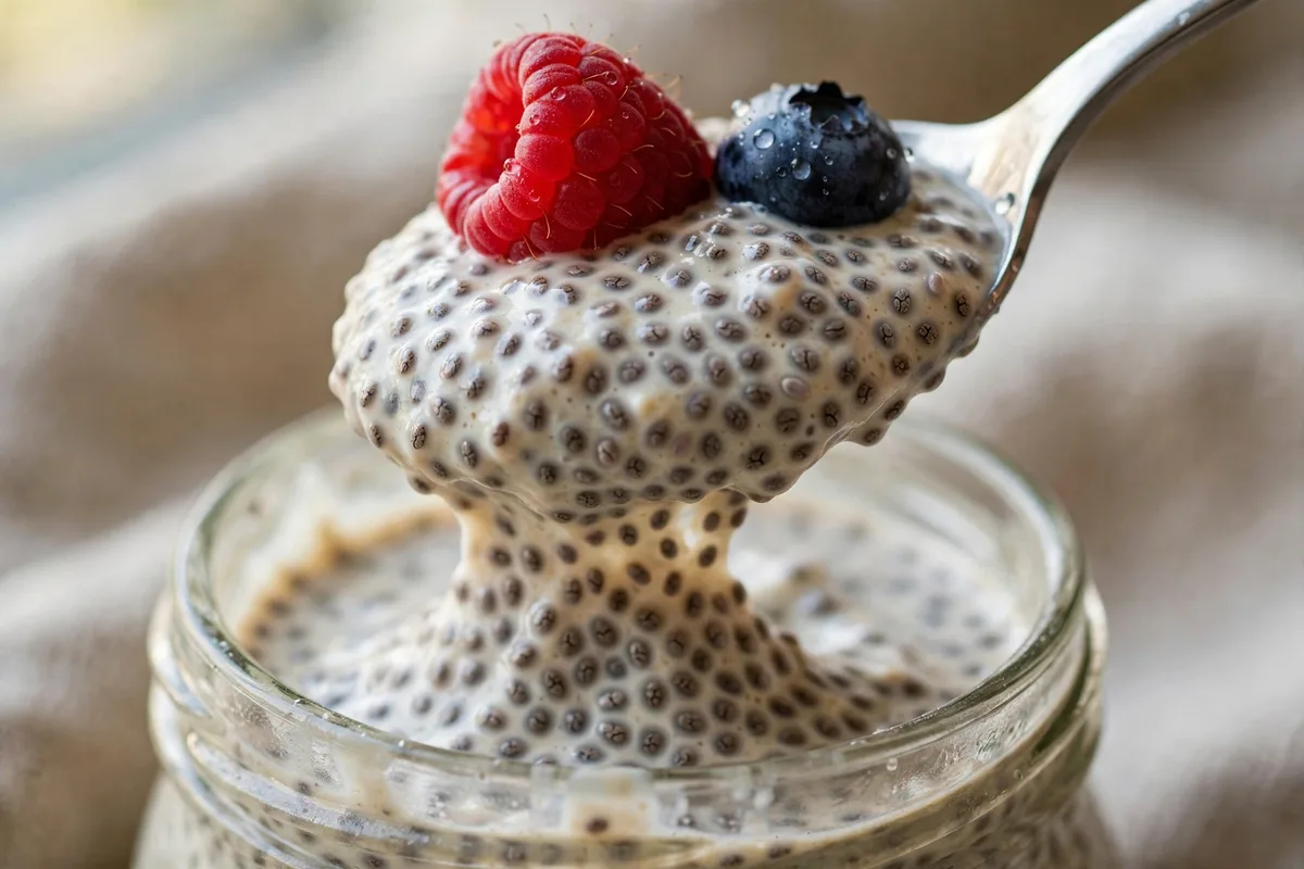Close-up spoonful of creamy chia seed protein pudding showing the gelled texture