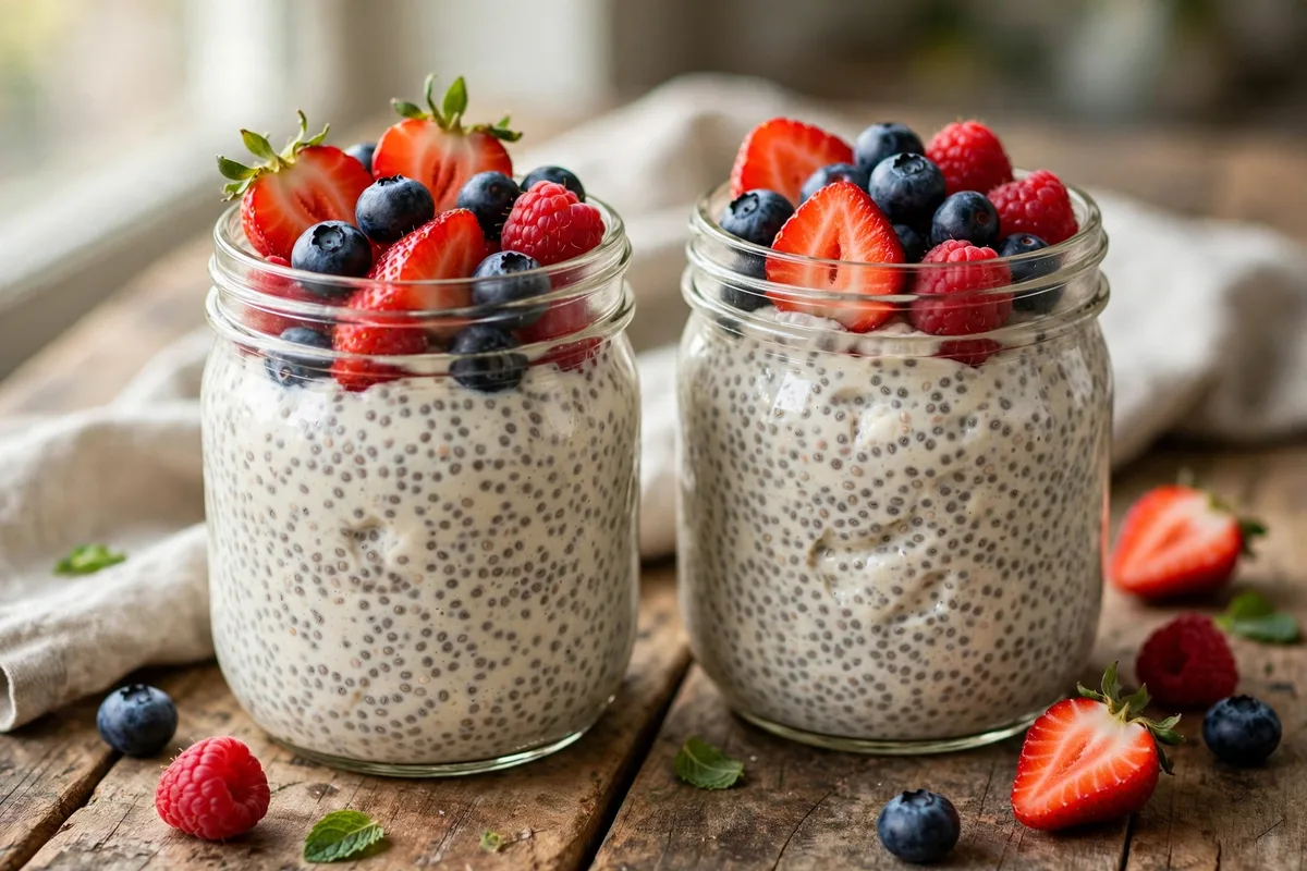 Two glass jars of creamy chia seed protein pudding topped with fresh mixed berries
