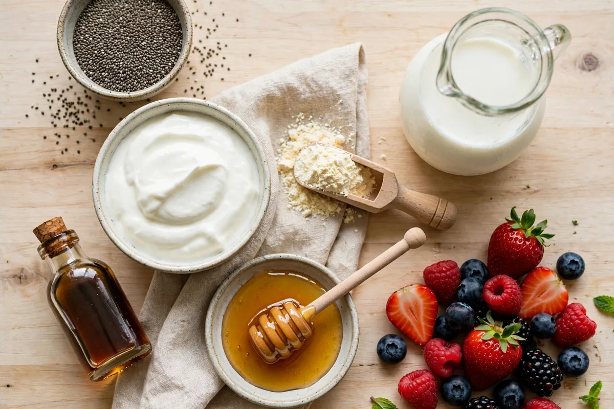 Flatlay of chia pudding ingredients: chia seeds in a bowl, Greek yogurt, whey protein, milk, honey, vanilla and fresh berries