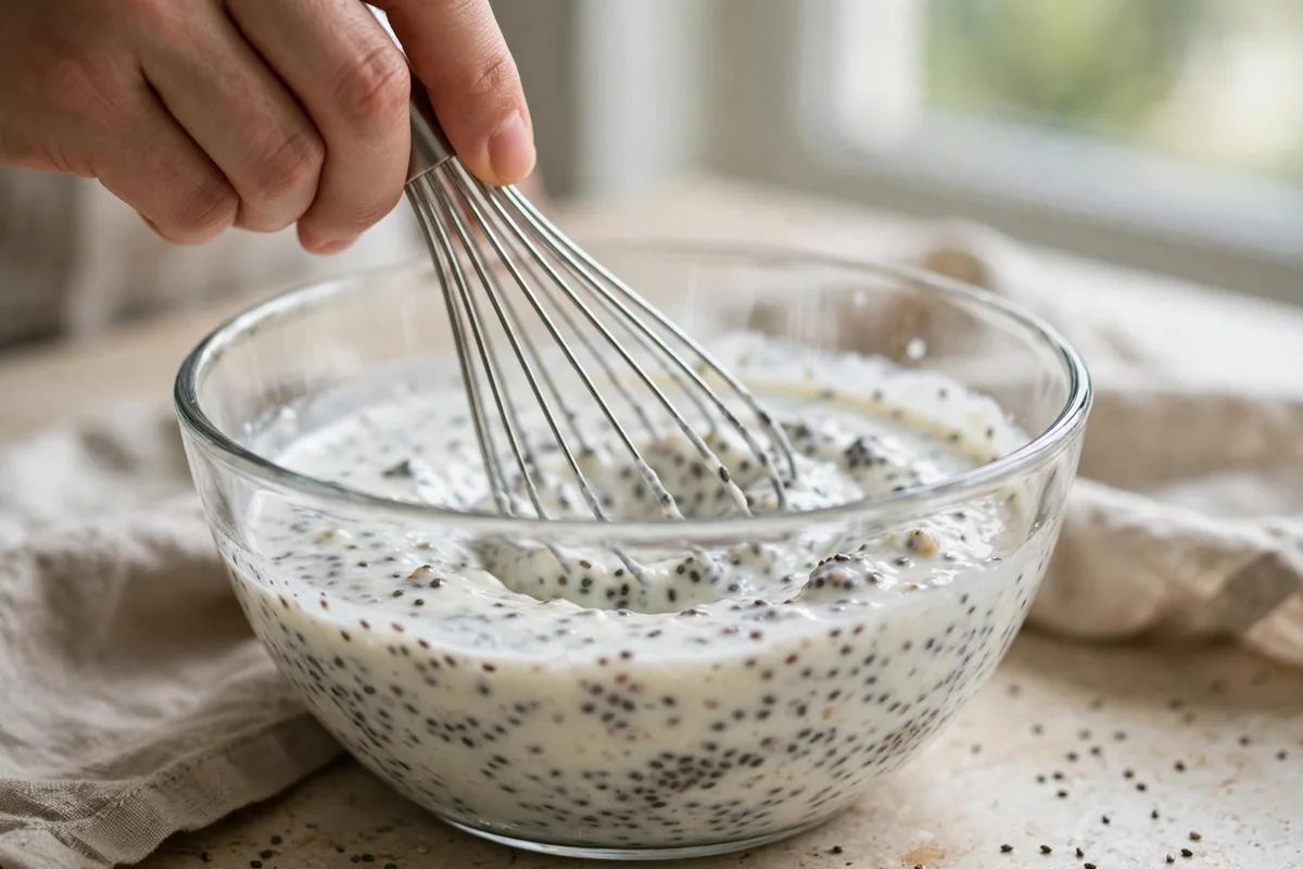 Chia seeds being whisked into the creamy yogurt mixture in a glass bowl