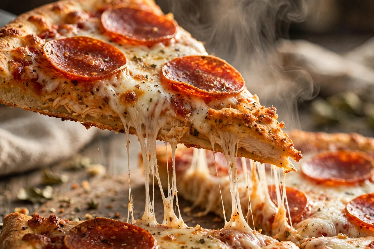 Close-up of a chicken crust pizza slice showing the golden crust edge, melted mozzarella and pepperoni