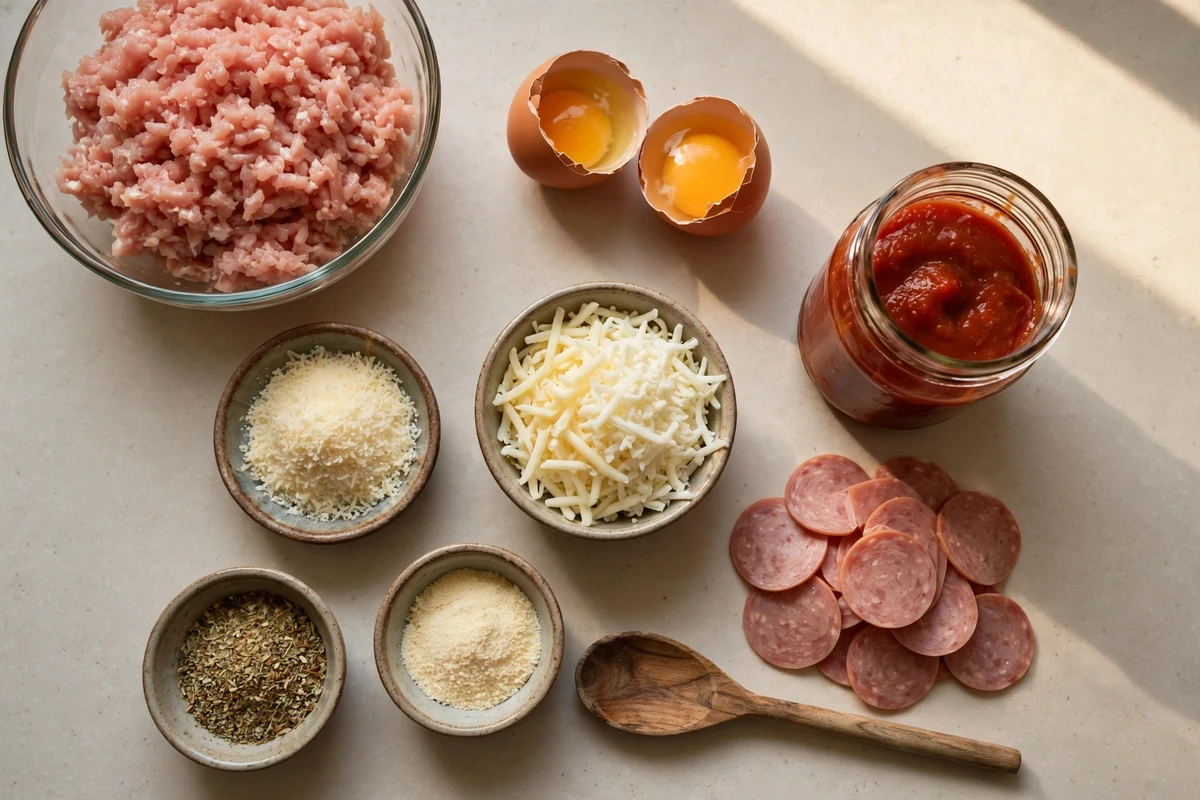 Flatlay of chicken crust pizza ingredients: ground chicken, eggs, parmesan, mozzarella, pizza sauce, pepperoni and spices