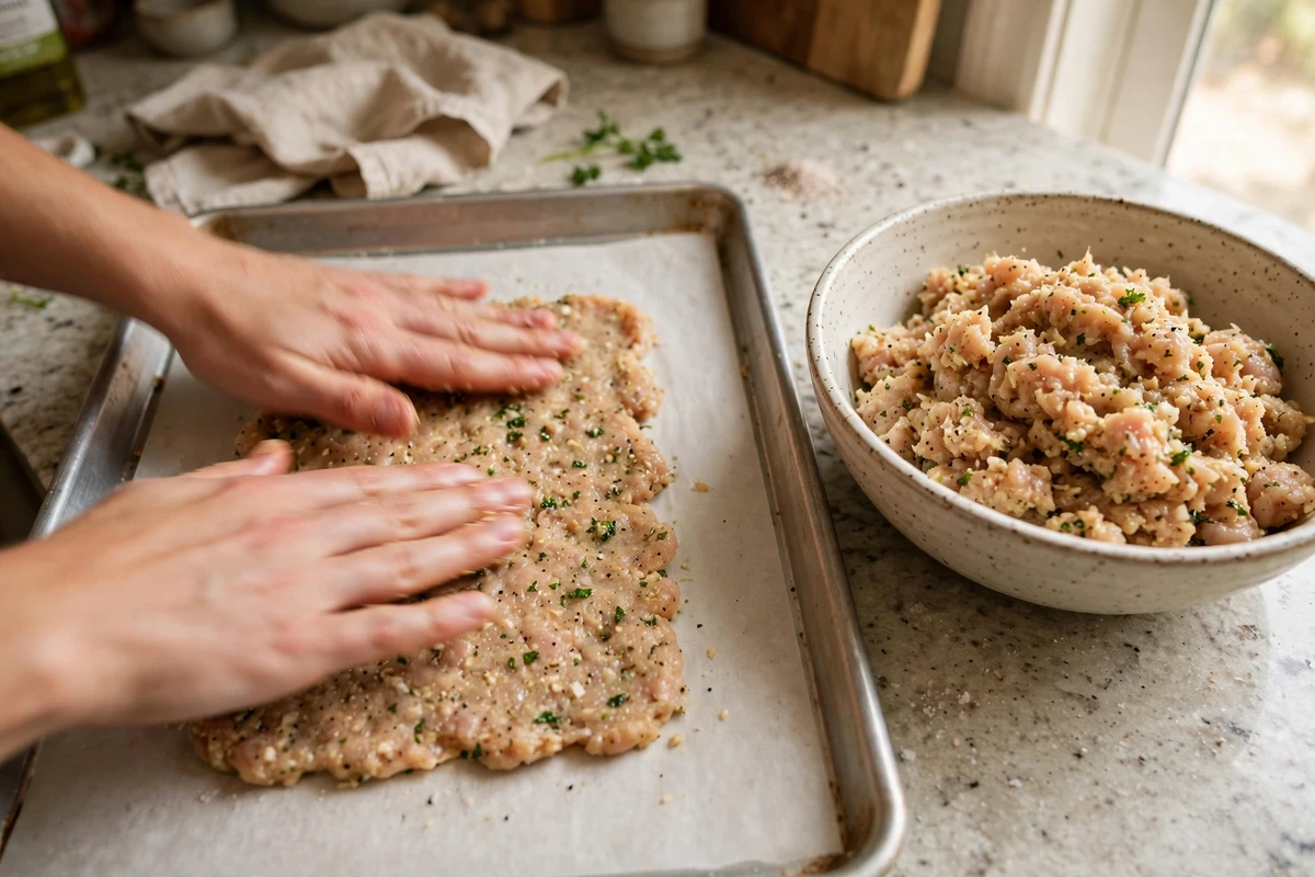 Hands pressing the seasoned chicken mixture thin onto a parchment-lined baking sheet