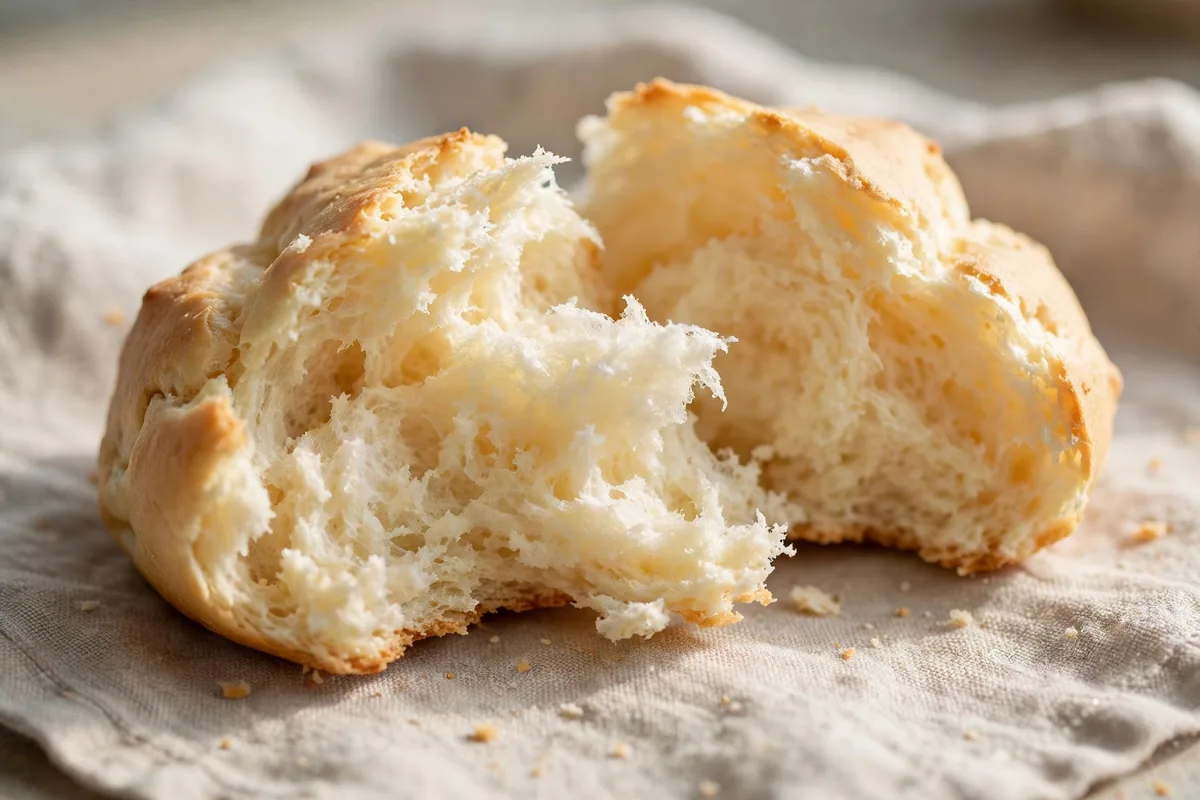 Close-up of a torn cloud bread showing the soft, airy crumb inside