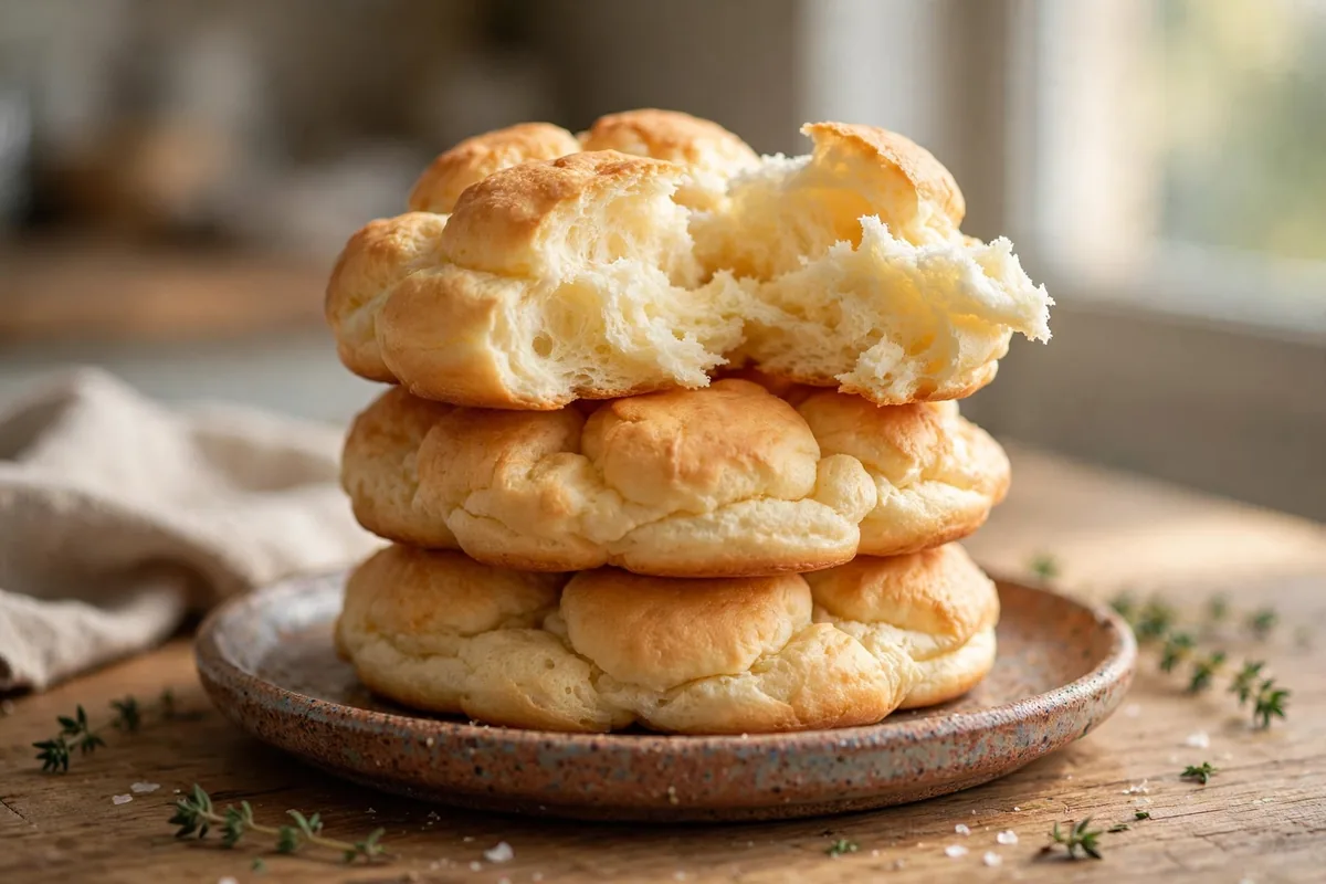 Golden cloud breads stacked on a rustic plate, soft and pillowy