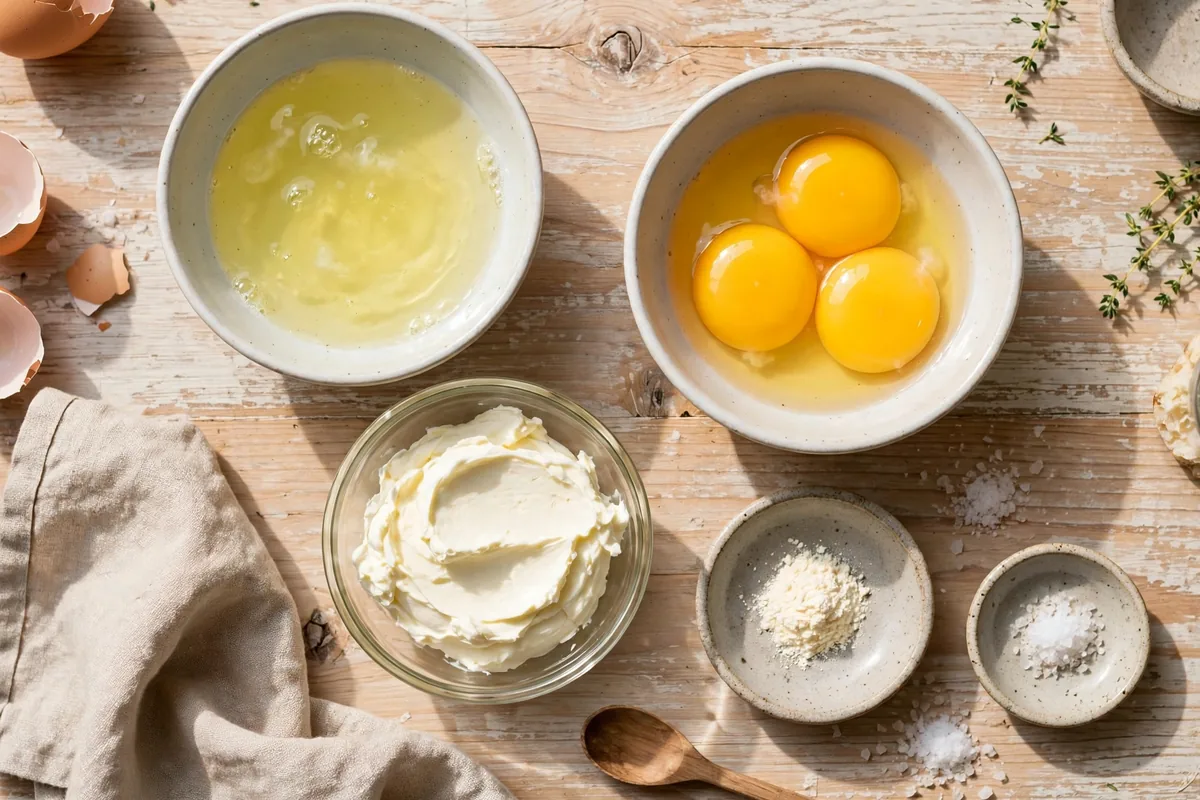Flatlay of cloud bread ingredients: eggs, cream cheese, cream of tartar, and salt