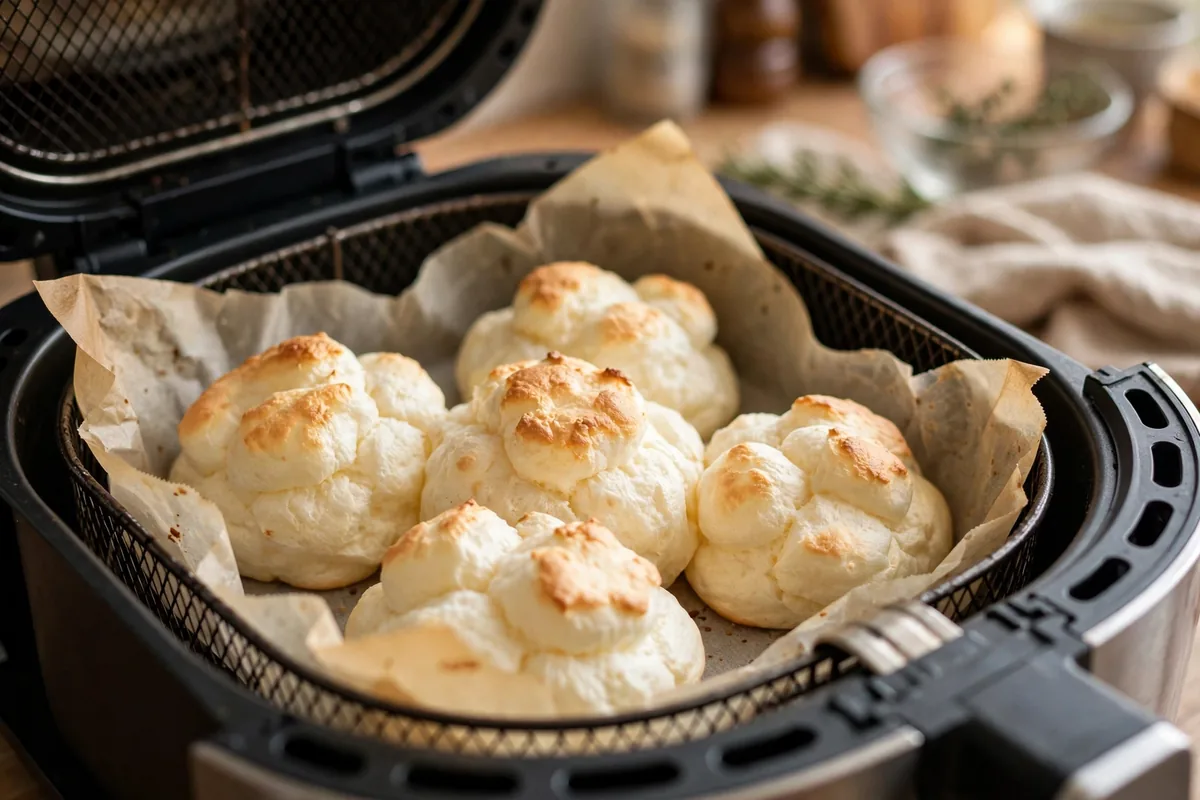 Cloud bread mounds puffing and turning golden in the air fryer basket