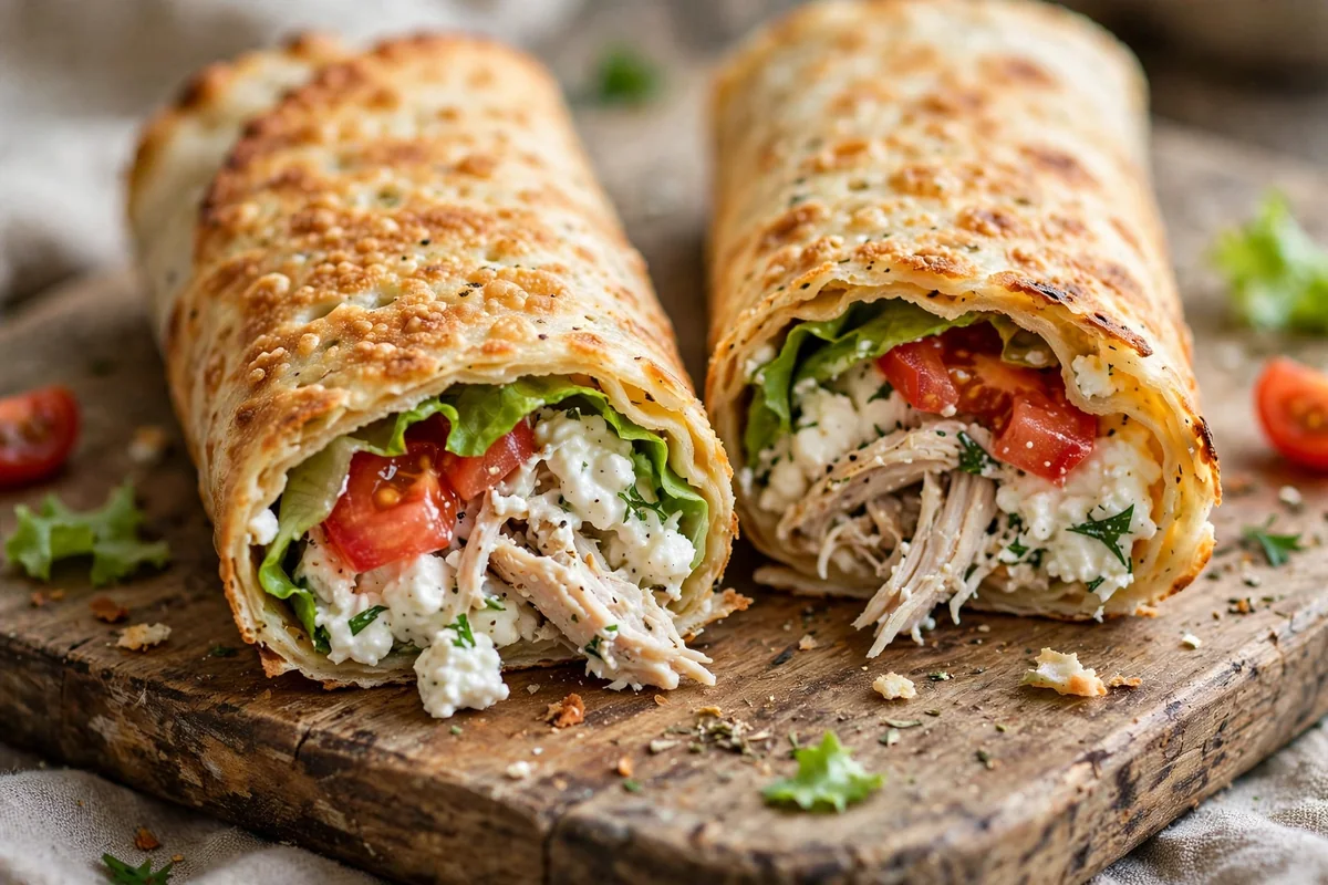 Close-up of rolled cottage cheese flatbread wrap filled with chicken and vegetables