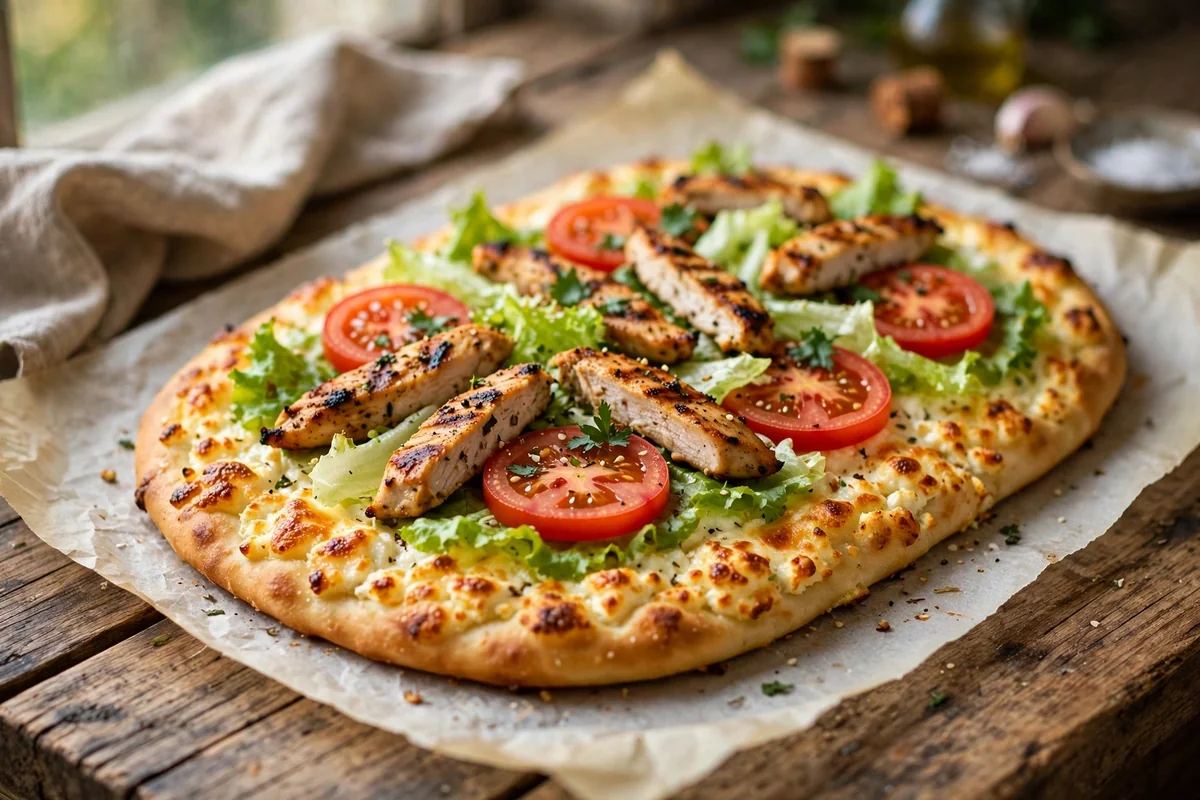Golden baked cottage cheese flatbread on a wooden board