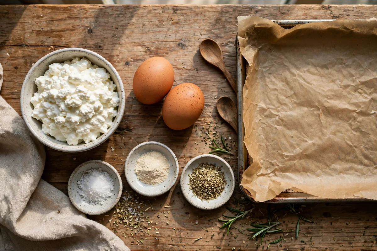 Cottage cheese, eggs, salt and seasonings on a kitchen counter