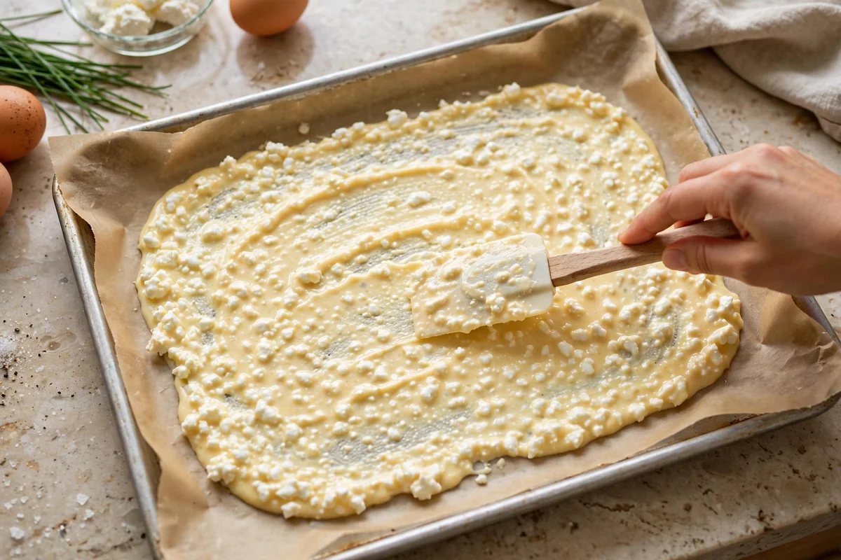Cottage cheese batter spread thin on a parchment-lined baking tray