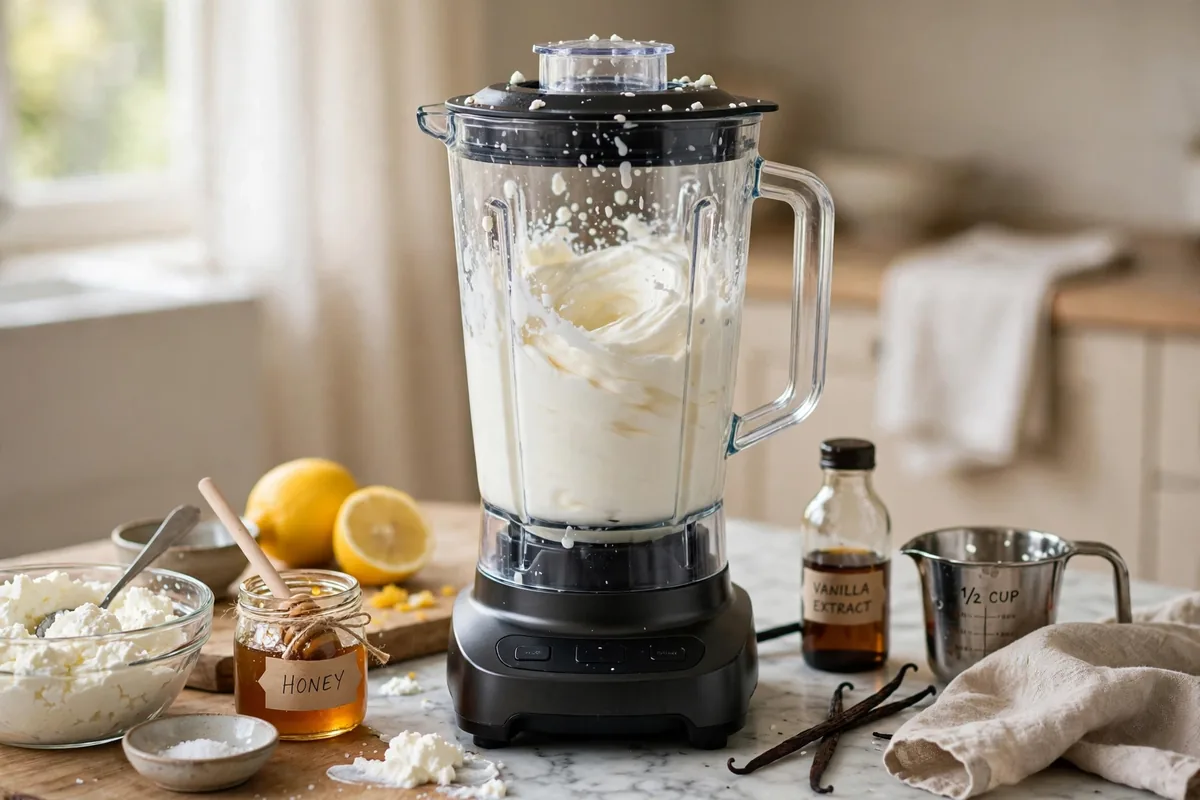 Blending cottage cheese mixture until silky smooth for protein ice cream