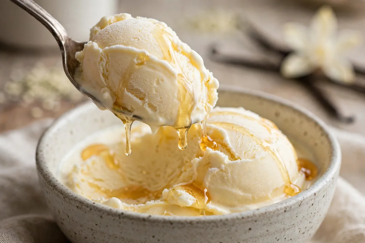 Close-up of creamy scoops of cottage cheese protein ice cream in a bowl