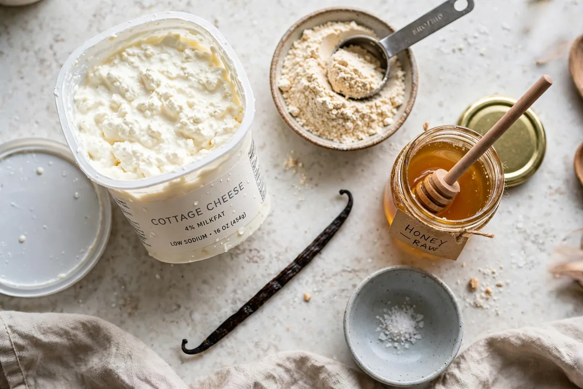 Ingredients for cottage cheese protein ice cream: cottage cheese, protein powder, honey and vanilla