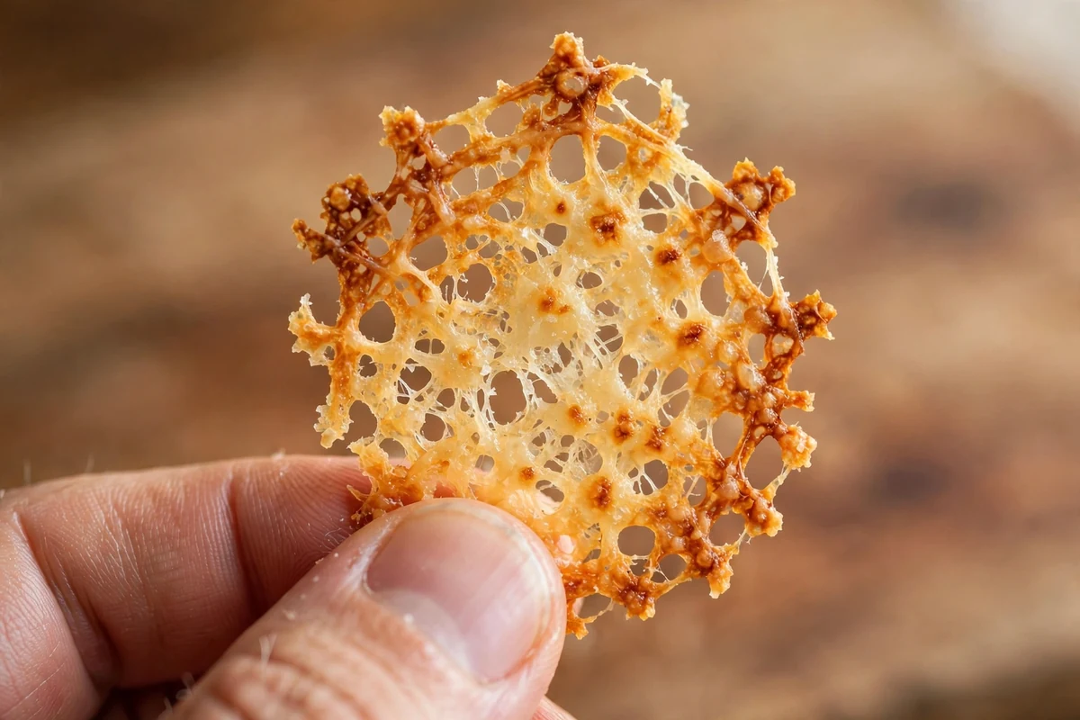 Close-up of a golden crispy cheese chip showing the lacy, caramelized texture