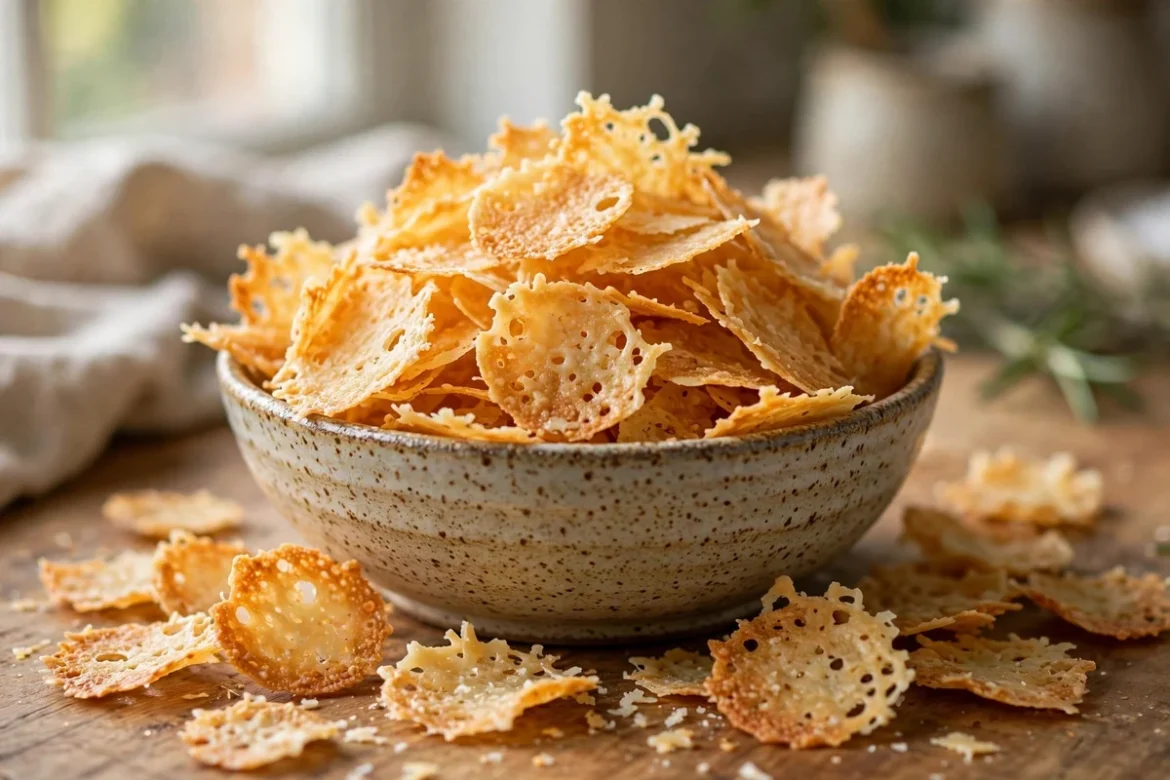 A rustic bowl of golden crispy cheese chips on a wooden table, homemade low-carb snack