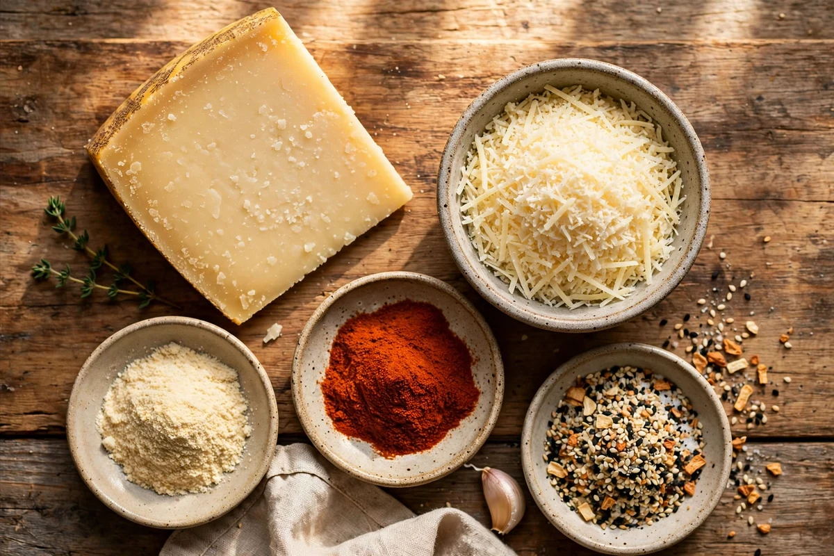 Ingredients for crispy cheese chips: shredded parmesan cheese, garlic powder, smoked paprika, and everything bagel seasoning on a kitchen counter