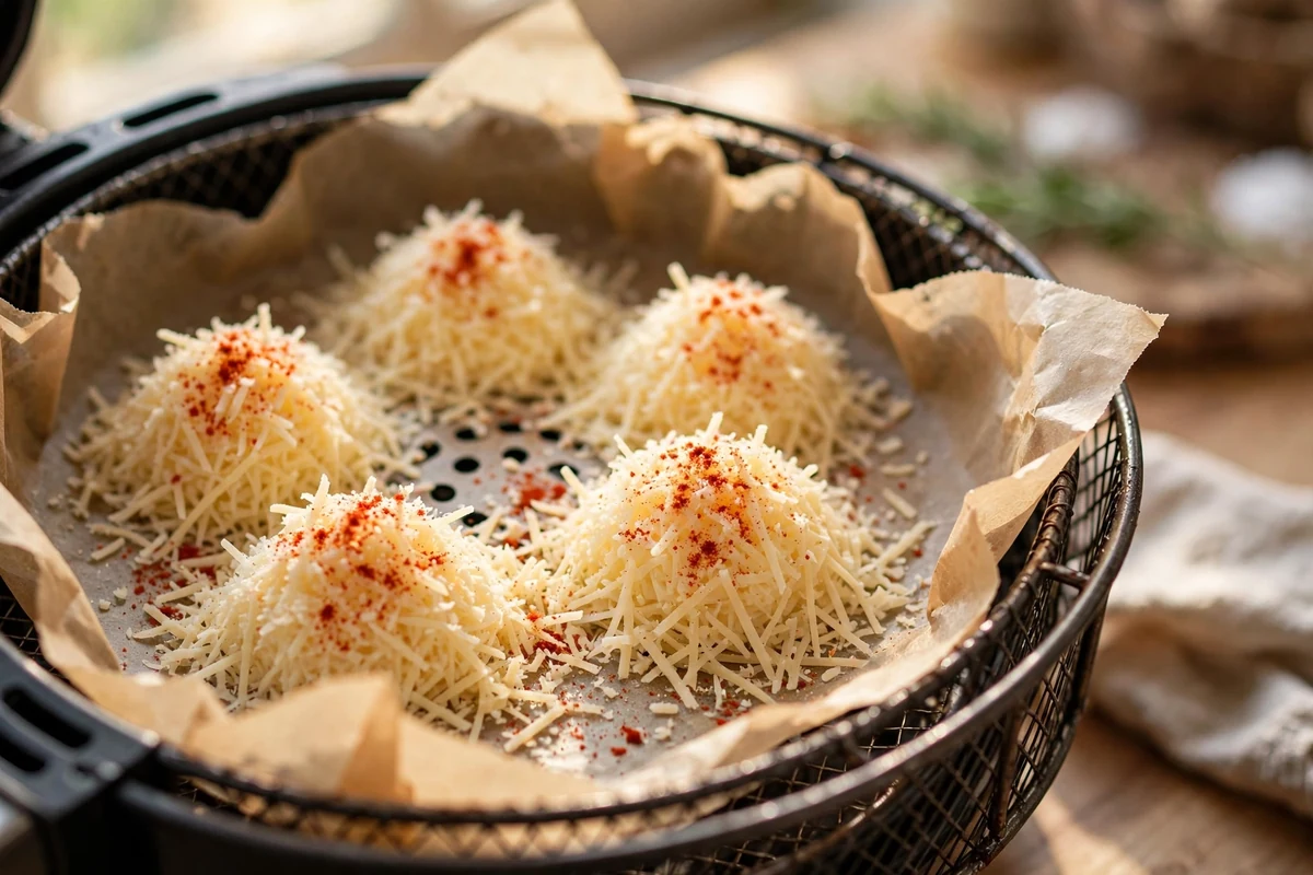 Shredded parmesan cheese mounds arranged on parchment paper in an air fryer basket, ready to cook