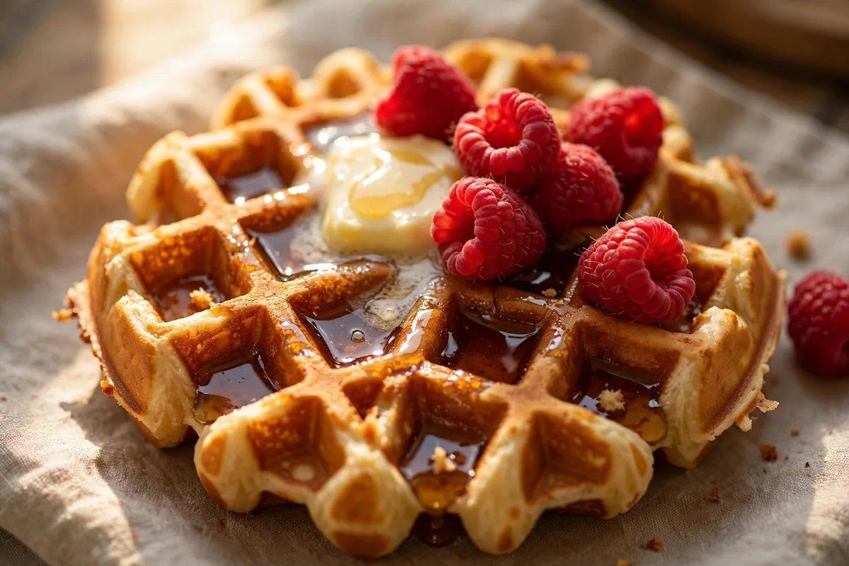 Close-up of a crispy protein waffle showing golden texture with syrup and berries