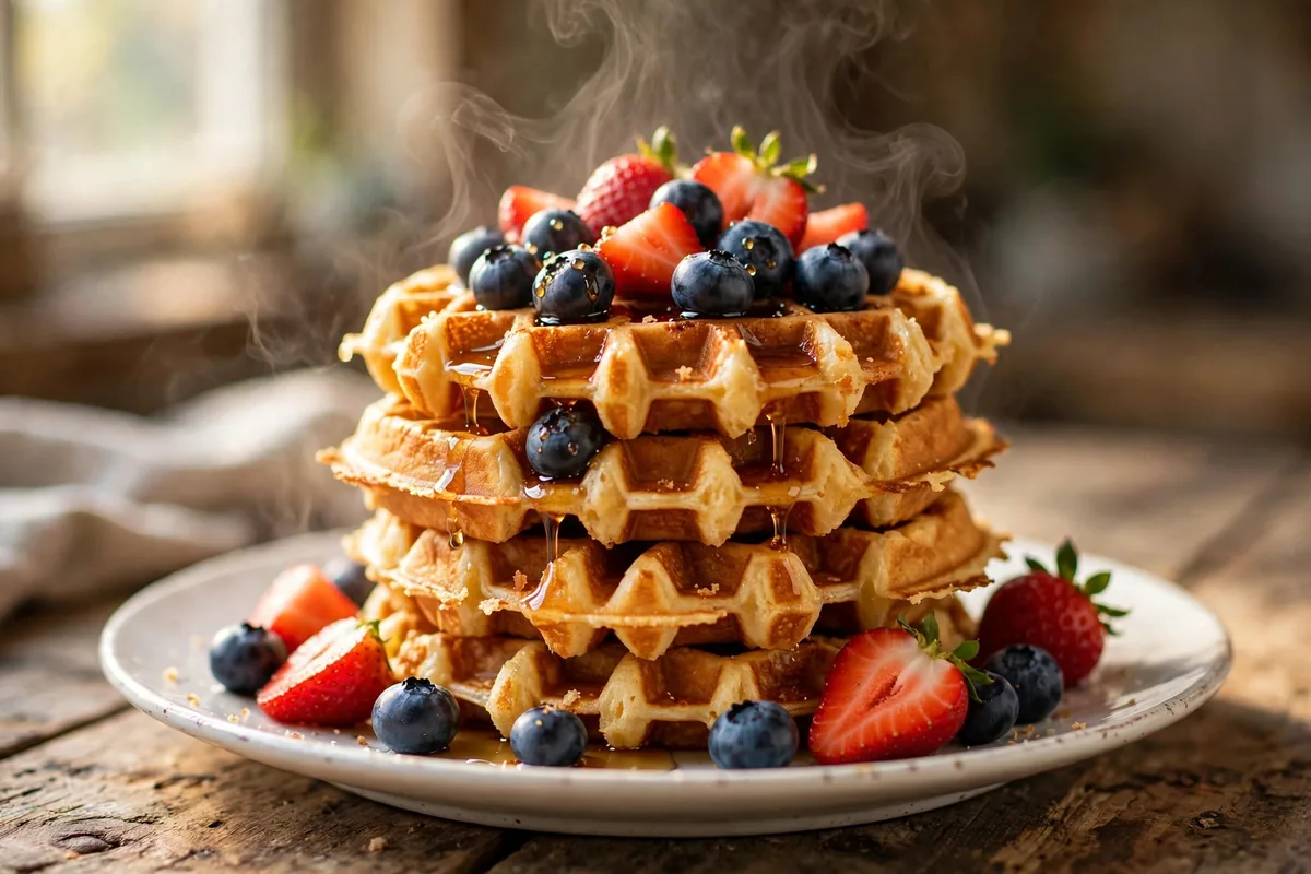 Stack of golden crispy high-protein waffles topped with fresh berries and maple syrup