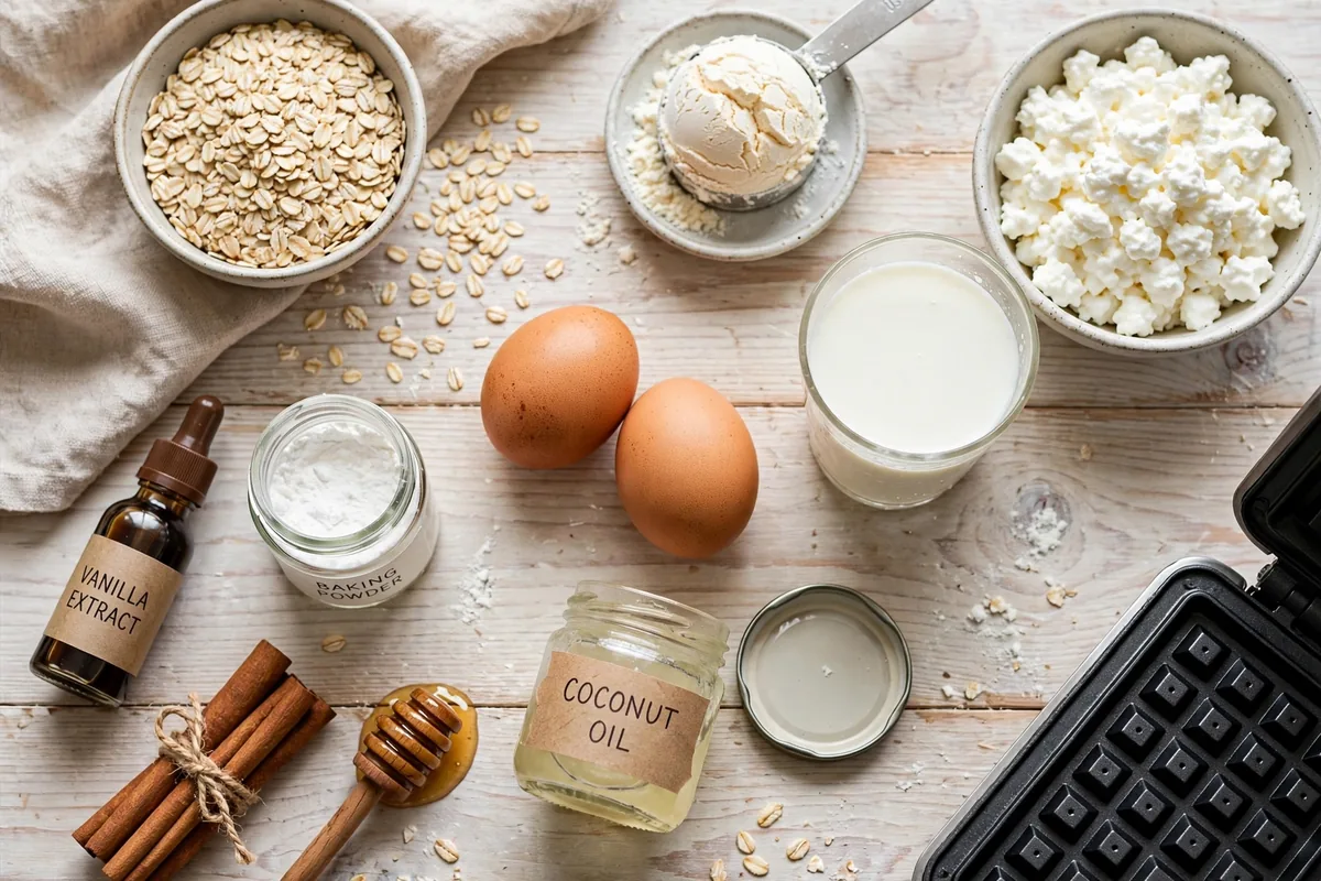 Flatlay of waffle ingredients: oats, whey protein, cottage cheese, eggs, milk, coconut oil, baking powder, vanilla and cinnamon