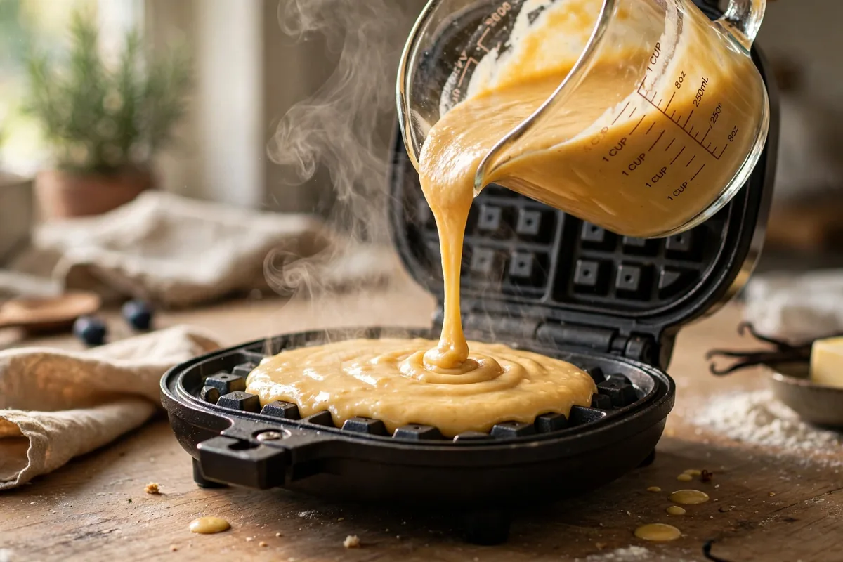 Batter being poured into a hot waffle iron with steam rising