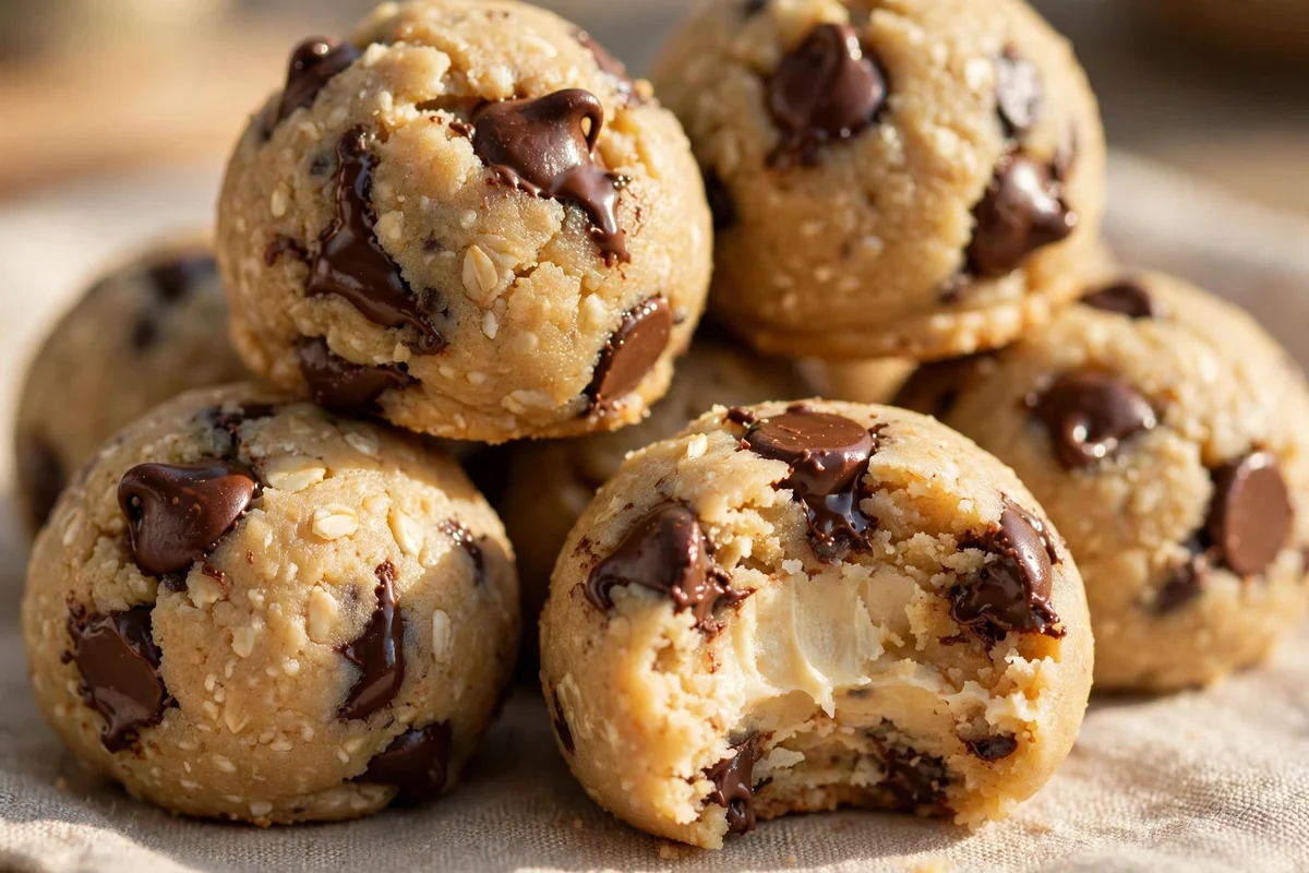 Close-up of protein cookie dough bites with chocolate chips