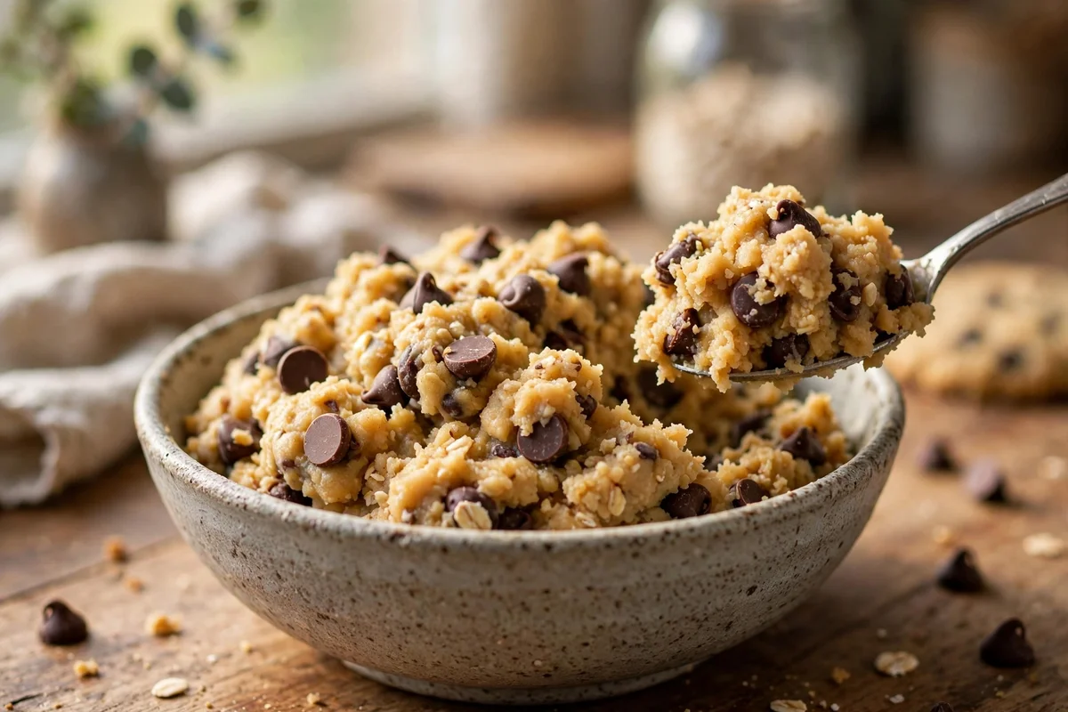Bowl of edible protein cookie dough with chocolate chips