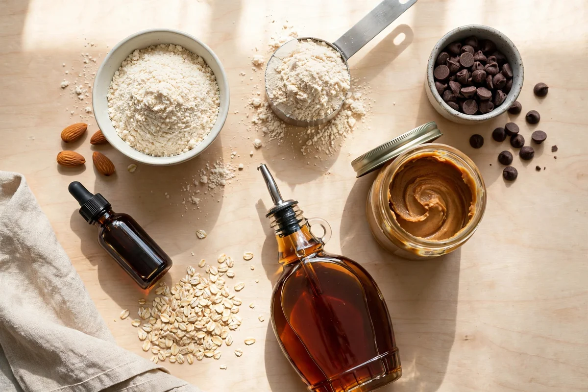 Ingredients for edible protein cookie dough laid out on a counter