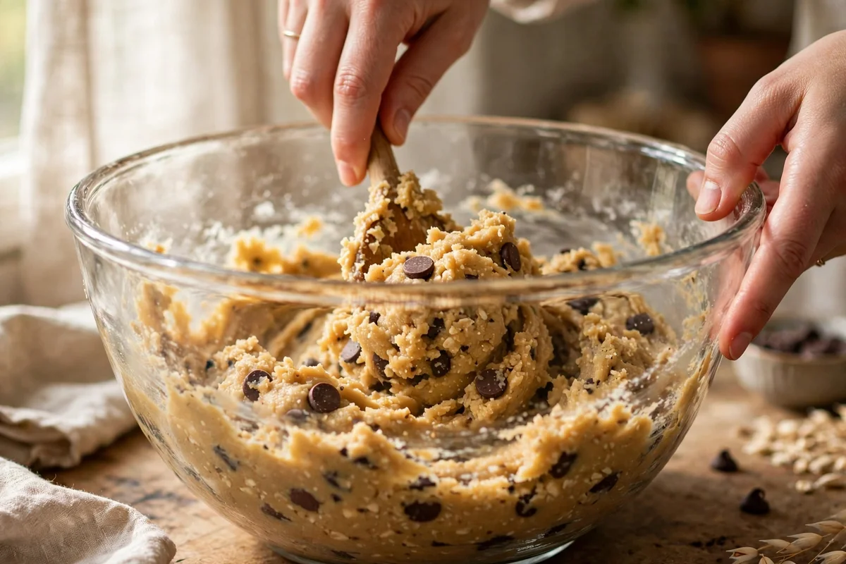 Mixing edible protein cookie dough in a bowl