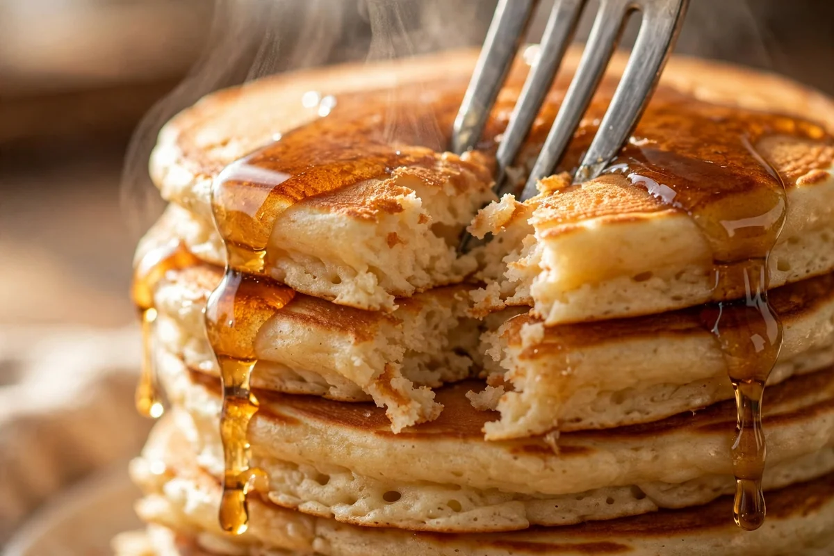 Close-up of a fluffy protein pancake with syrup dripping