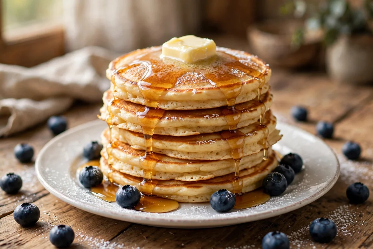 Tall stack of fluffy high-protein pancakes with melting butter and maple syrup