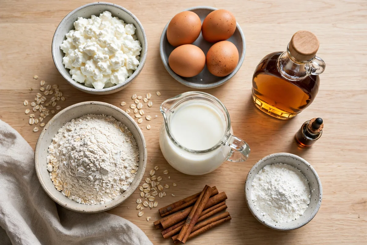 Ingredients for fluffy high-protein pancakes laid out on a countertop
