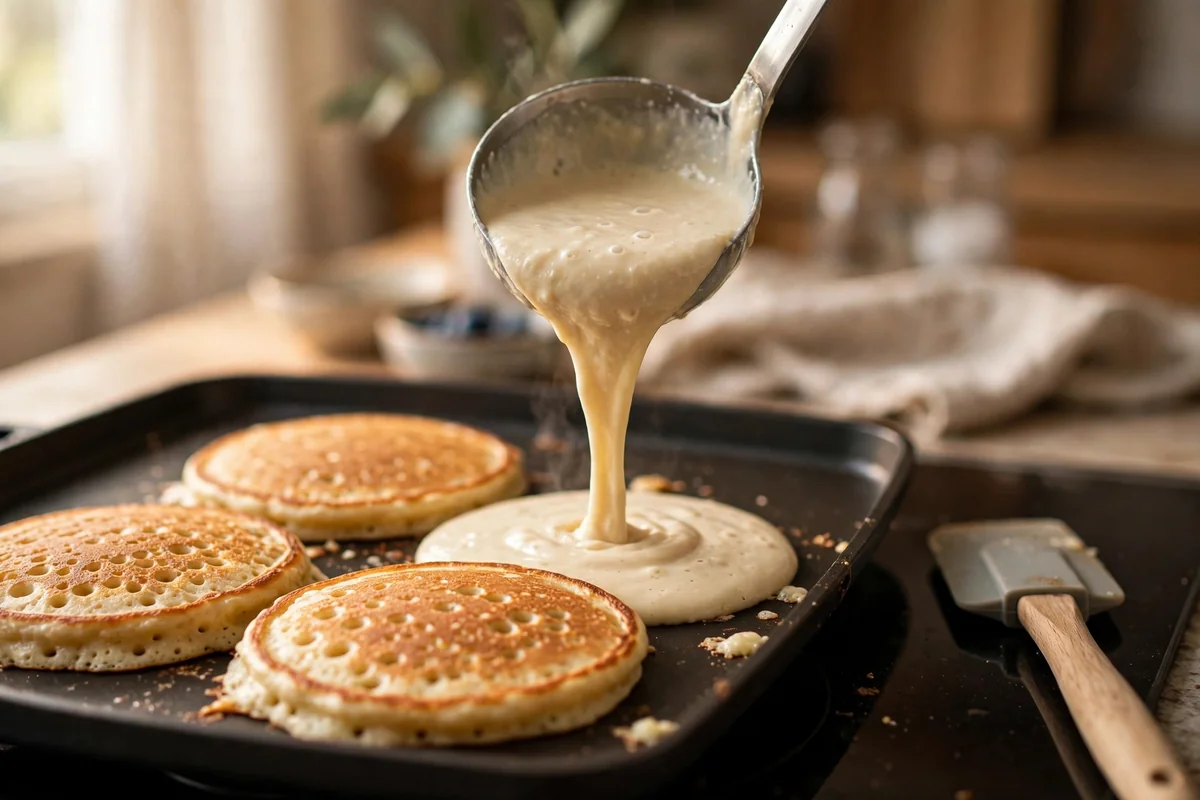 Pouring protein pancake batter onto a hot griddle