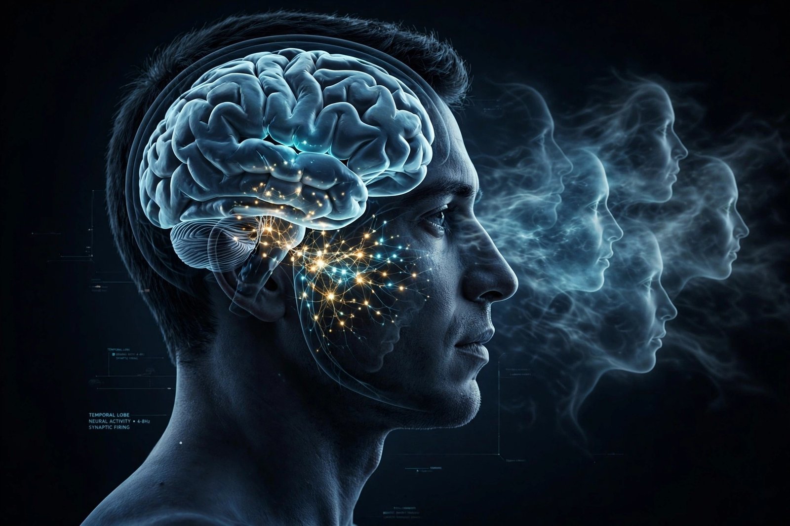 Illustration of the brain generating ghost-like visions in Charles Bonnet syndrome