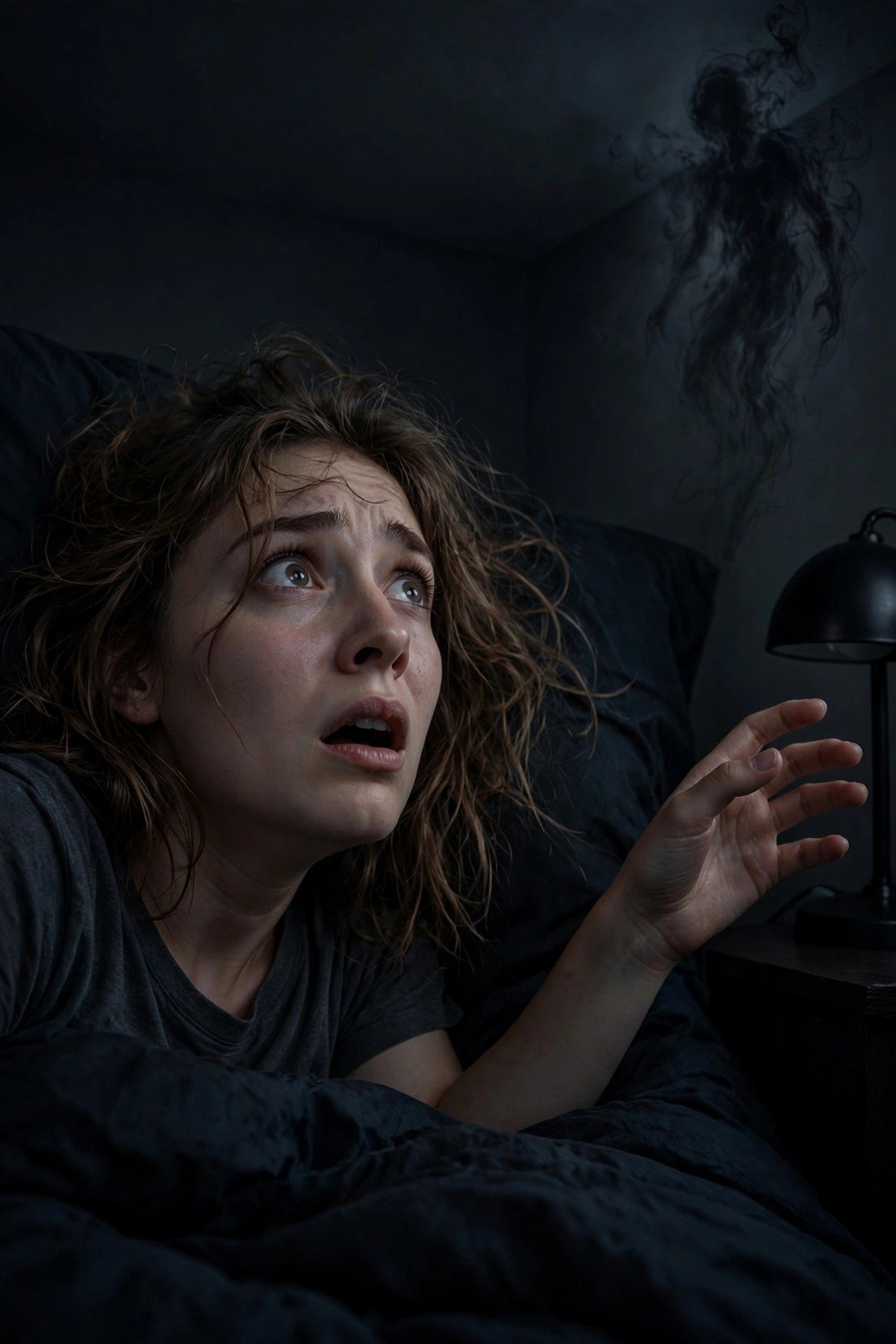 Person experiencing sleep paralysis seeing a dark figure in the bedroom