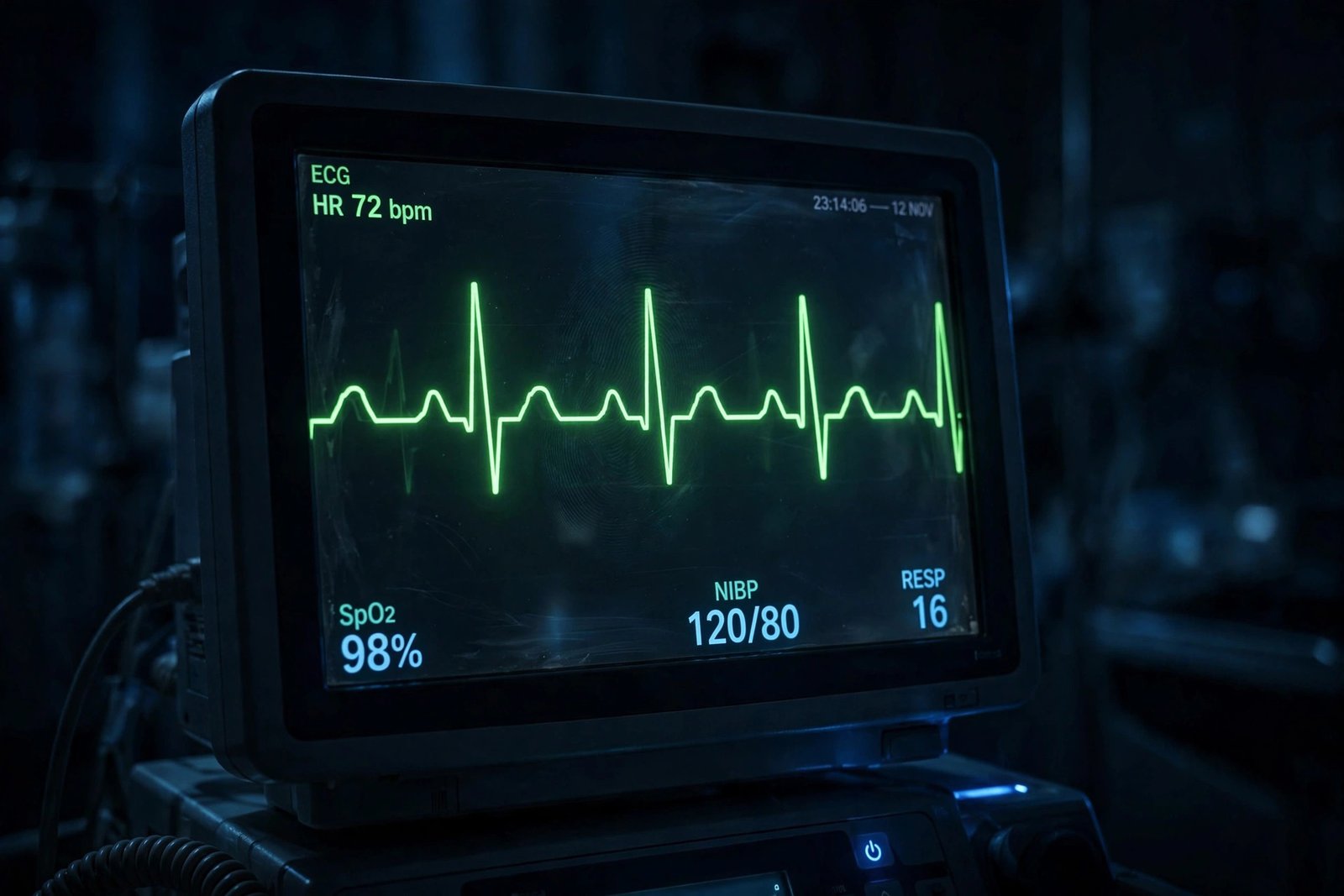 Heart monitor screen showing an ECG trace