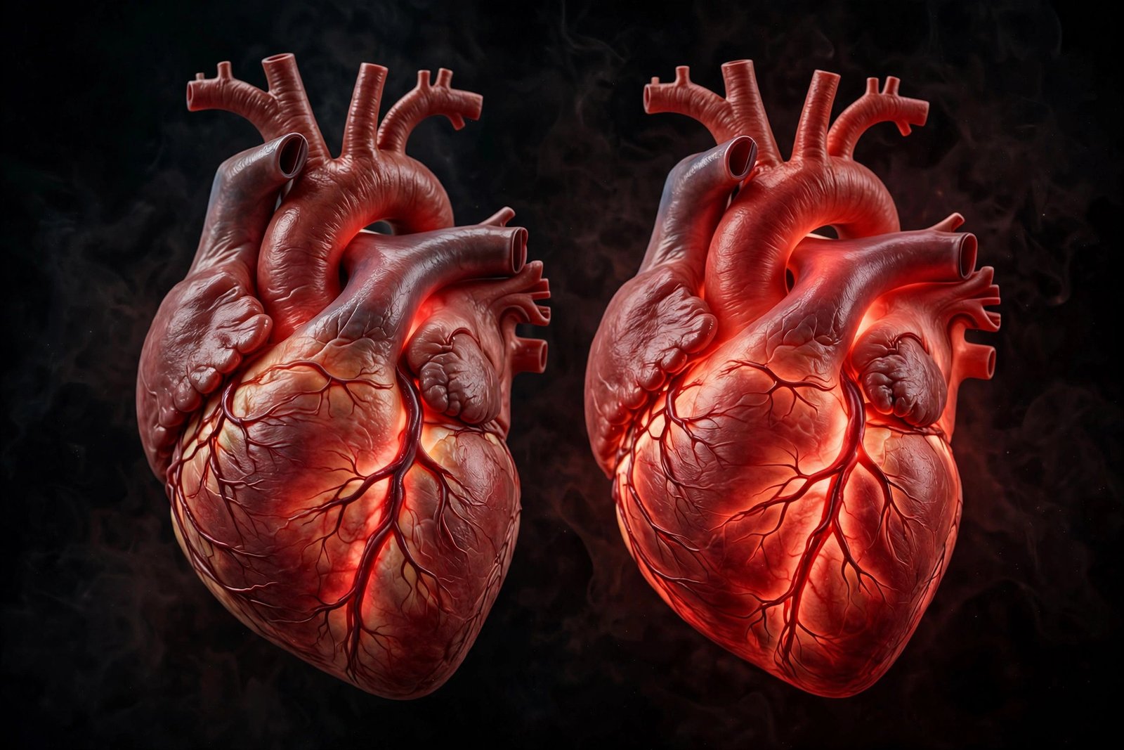 Two anatomical human hearts side by side