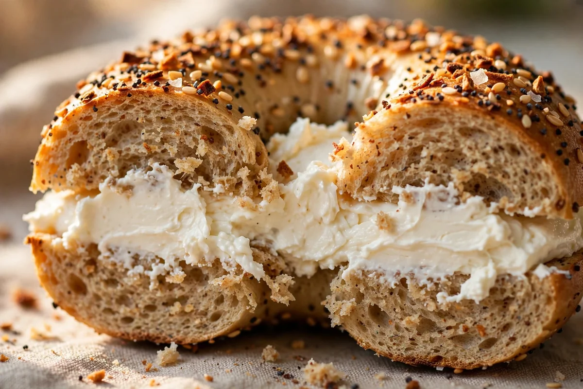 Close-up of a sliced high-protein bagel showing the chewy crumb