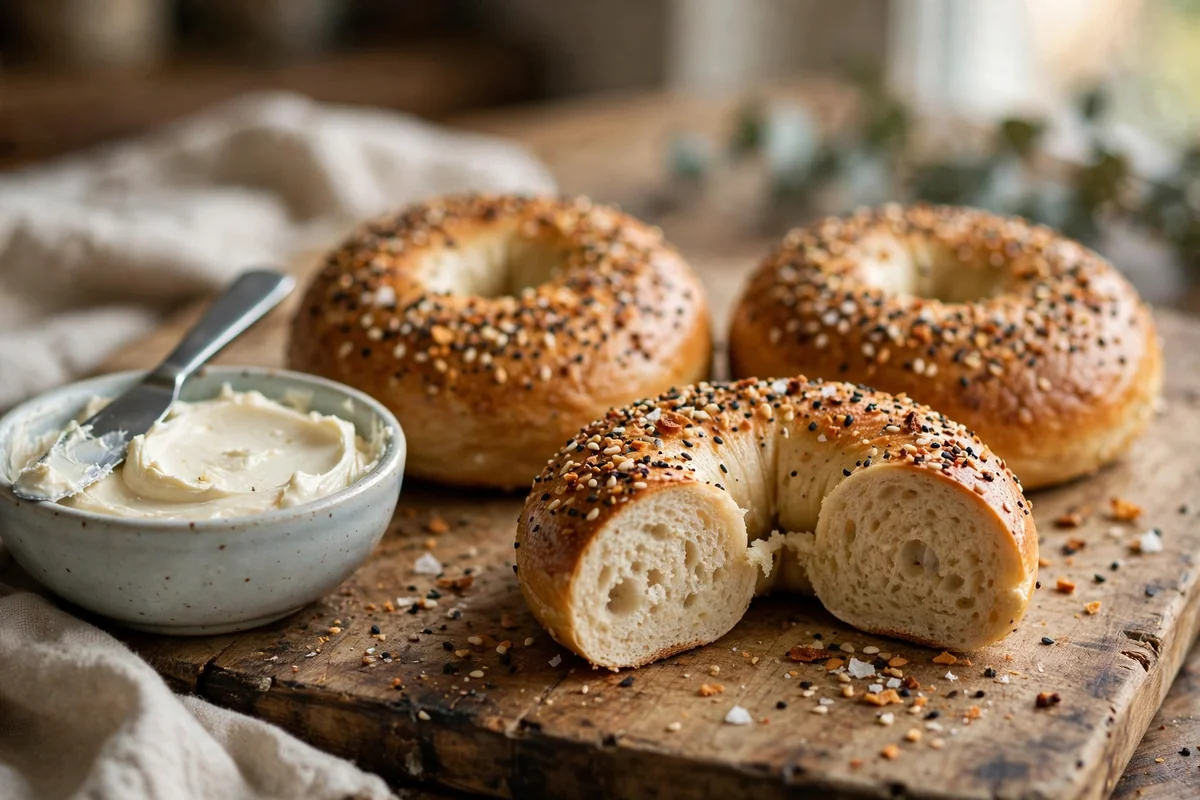 Freshly baked high-protein bagels topped with everything seasoning on a wooden board