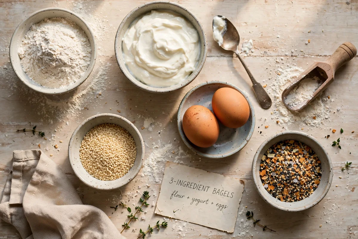 Flatlay of bagel ingredients: flour, Greek yogurt, egg, and everything seasoning