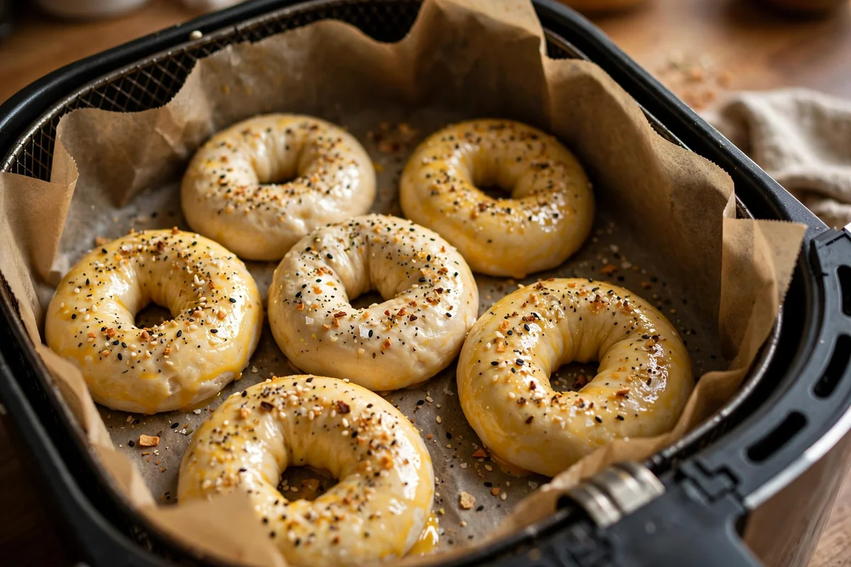 Bagels brushed with egg wash air frying in the basket until golden