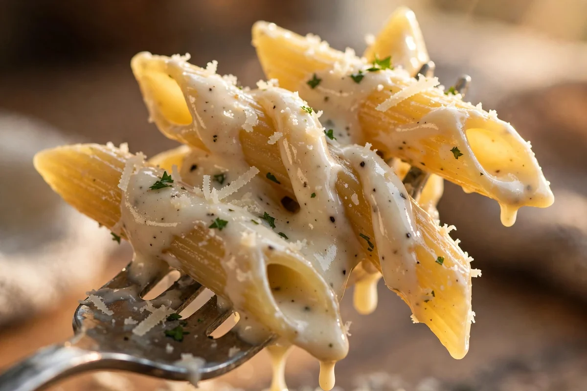 Close-up of creamy high-protein alfredo pasta coated in sauce