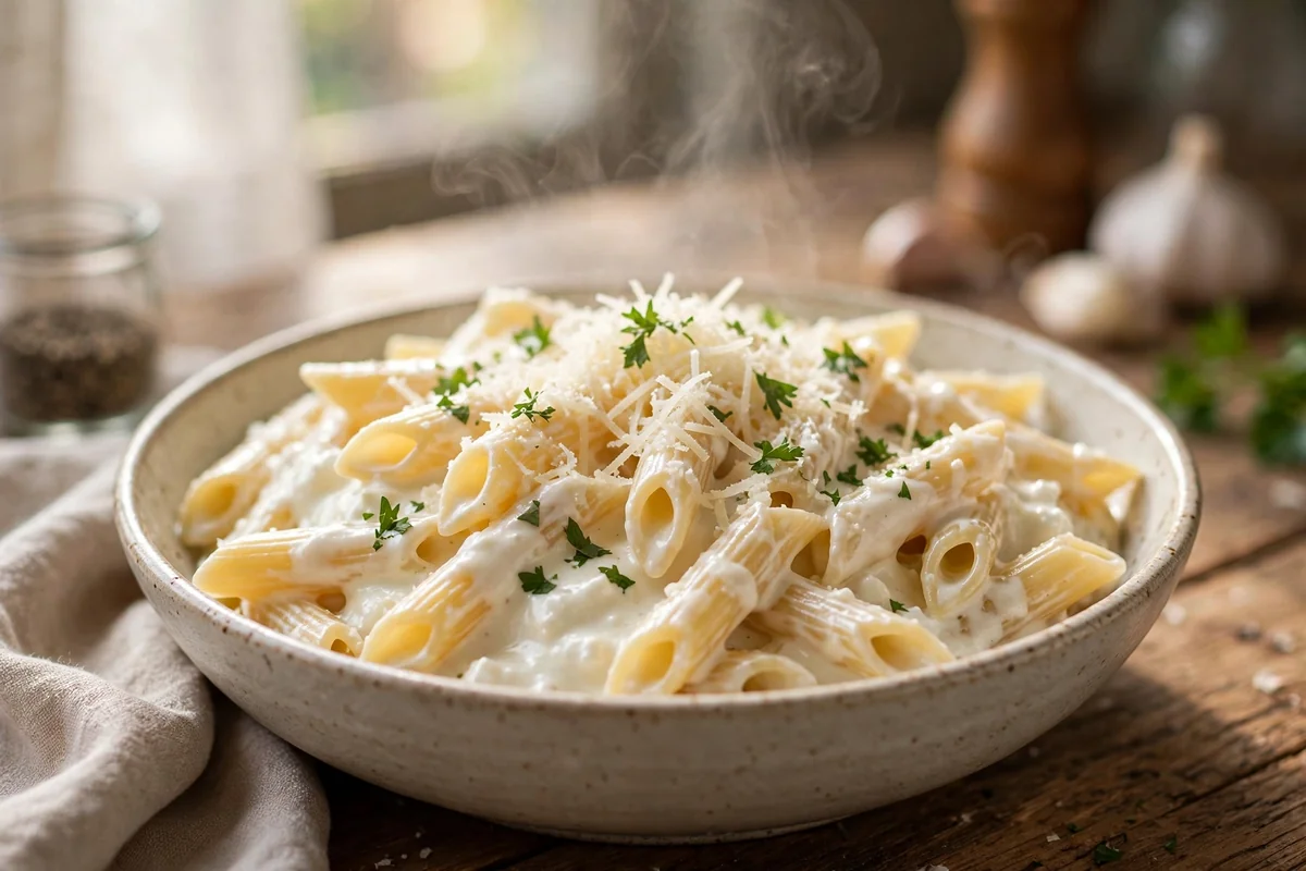 Creamy high-protein cottage cheese alfredo pasta in a bowl